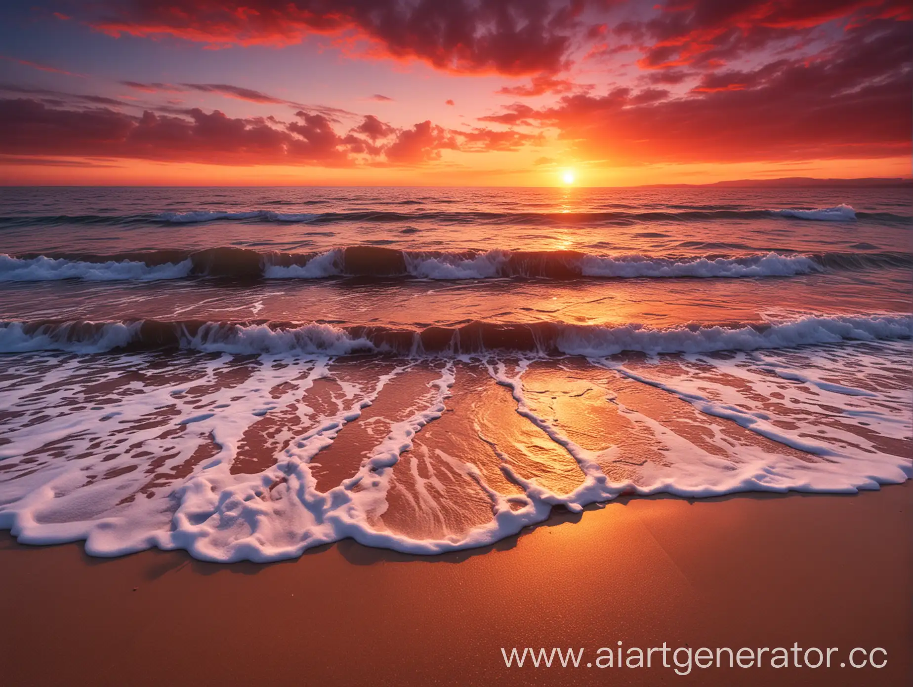 Crimson-Sunrise-Beach-Scene-with-Ocean-Waves