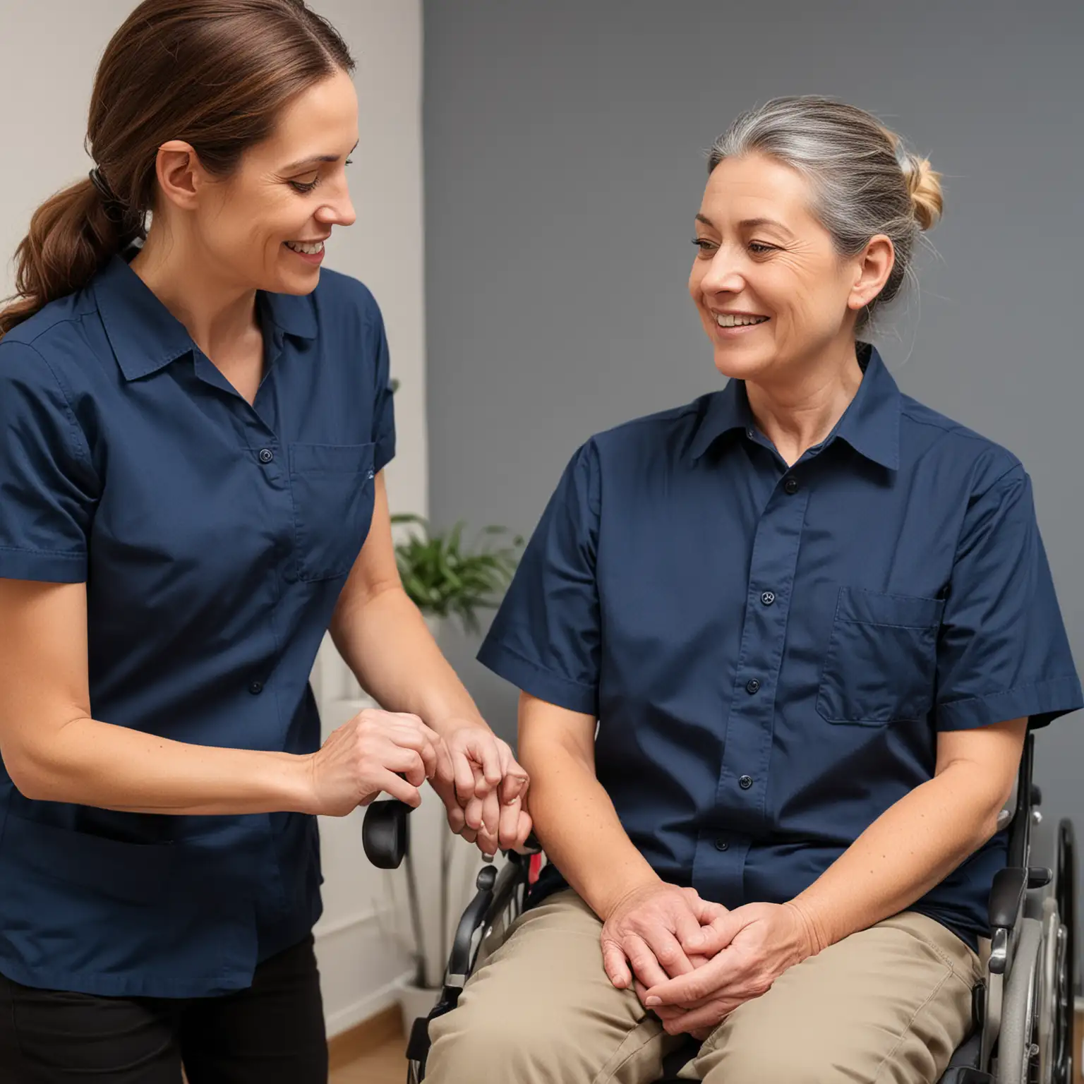 Occupational Therapist Assisting MiddleAged Person with Disability in Blue Shirt