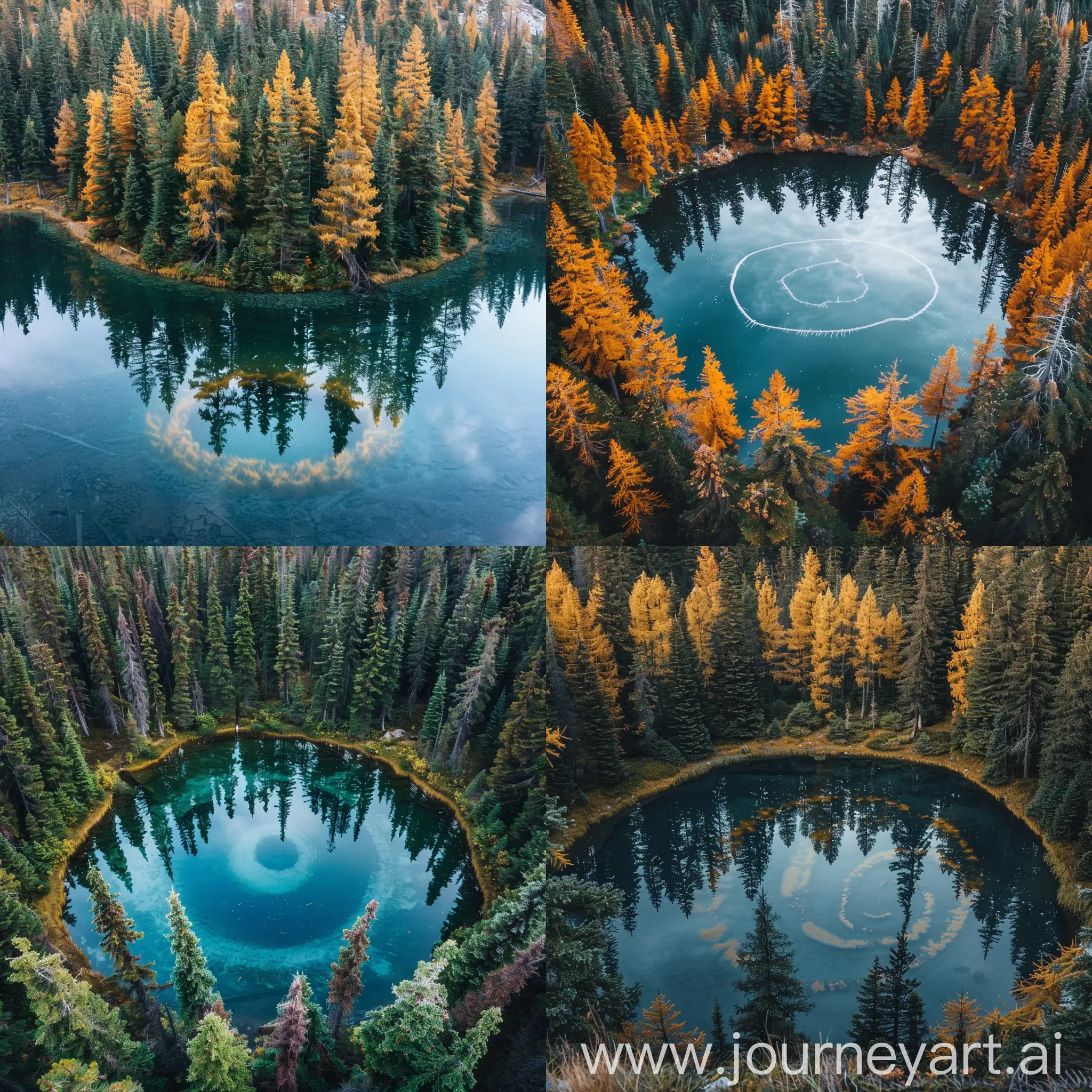 round lake in pine forest, trees reflect in water forming ying yang circle