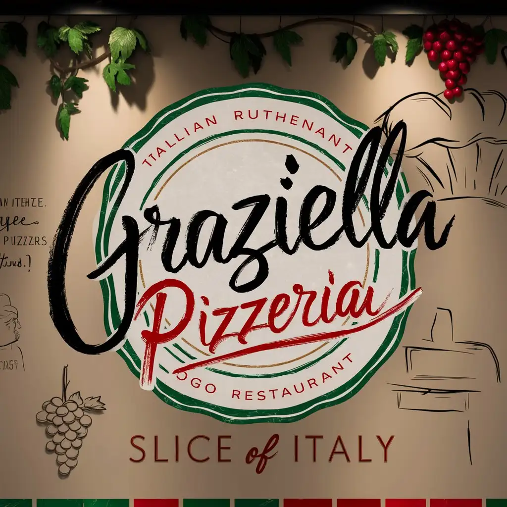 Handwritting Graziella Pizzeria logo, Restaurant logo, Italian colors, , Italian decoration, Chef hat sketch, Slogan, Slice of Italy