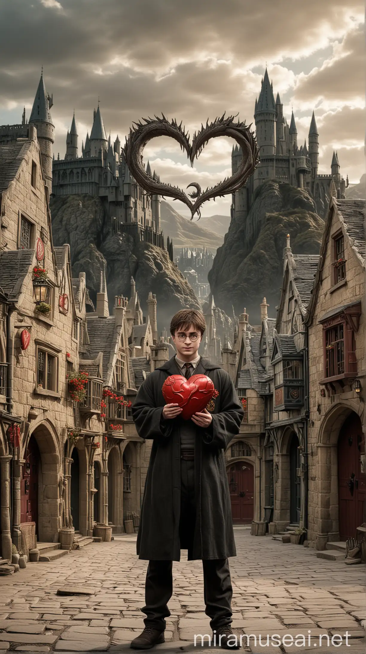 harry potter holding a heart against the backdrop of a Game of Thrones location with elements of House of the Dragon