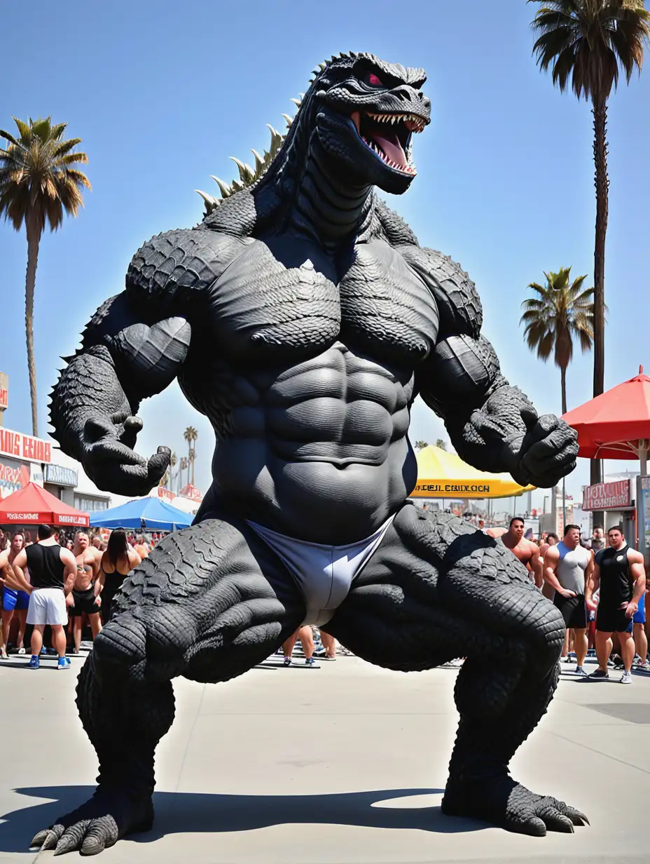 Godzilla striking a body builder pose. Outside at “muscle beach” in Los Angeles.