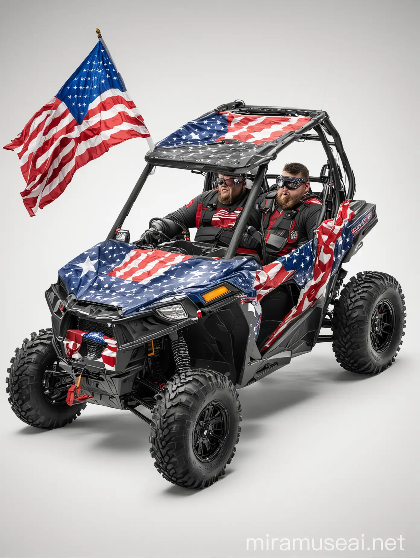 fat guy driving a polaris style RZR UTV with a USA flag attached, on a white background