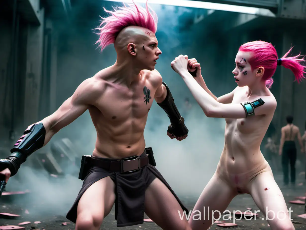 In a science fiction setting, a naked 12-year-old flat-chested girl with pink hair and armbands and a shirtless bald man with pale white skin are fighting in an epic battle.