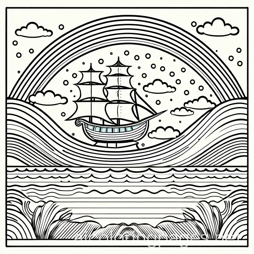 ark   and rainbow, Coloring Page, black and white, line art, white background, Simplicity, Ample White Space. The background of the coloring page is plain white to make it easy for young children to color within the lines. The outlines of all the subjects are easy to distinguish, making it simple for kids to color without too much difficulty