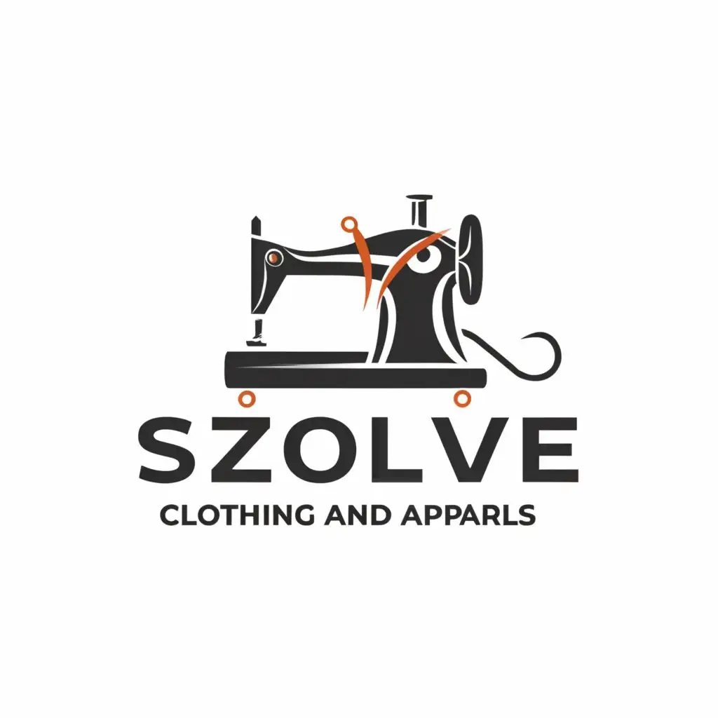 a logo design,with the text "SZOLVE CLOTHINGS AND APPARELS", main symbol:Sewing machine, thread and needles,Moderate,be used in Others industry,clear background