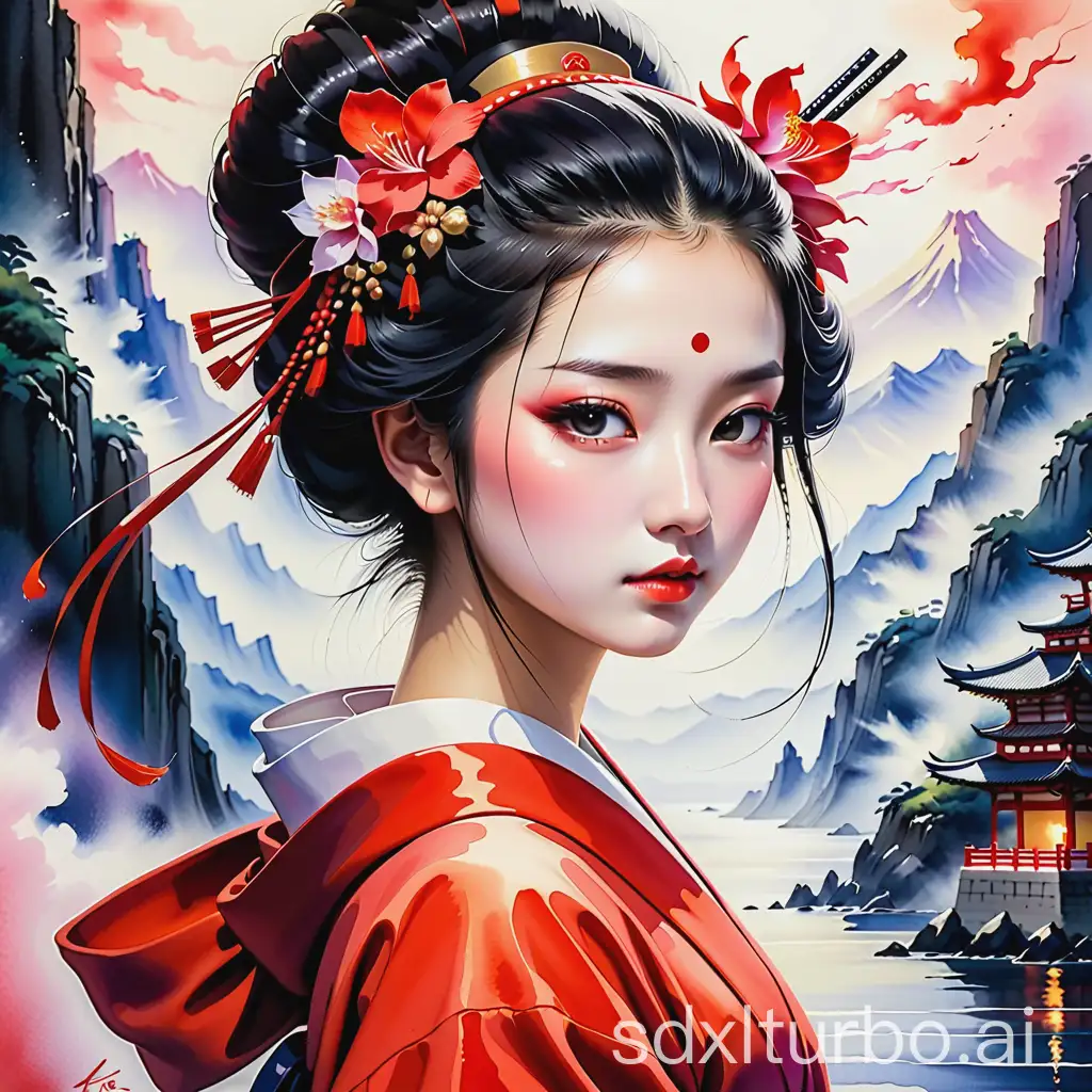 caver inYoshitaka Amano, Watercolor painting, geisha, visible face, beautiful, high definition, burning city the red sea