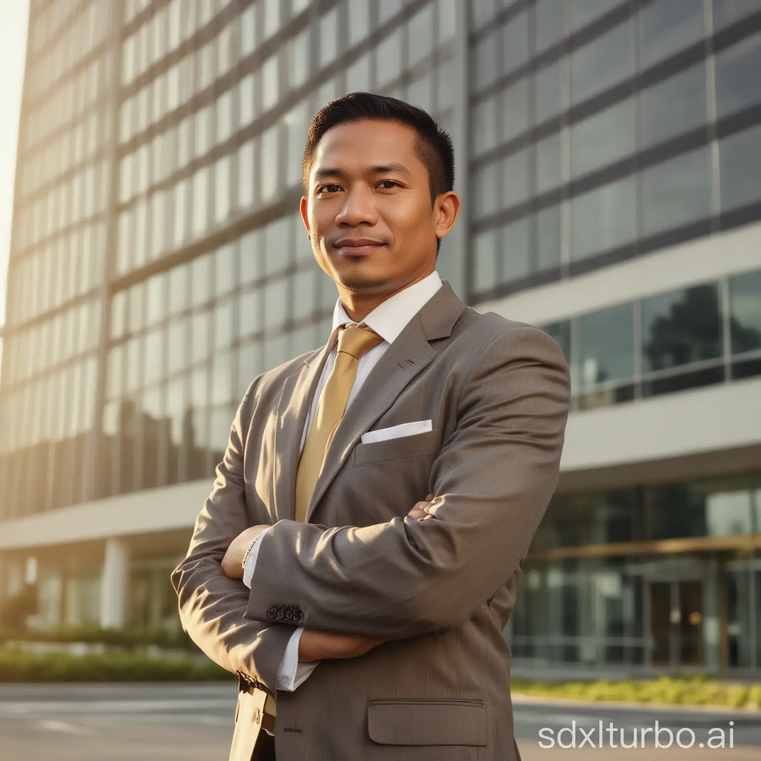 Portrait of 40 years old an Indonesian man Standing Confidently in Front of a Corporate Building. Dressed in Business Attire with a Confident Posture and Slight Smile. The Background Showcases the Company HQ and Modern Architecture, Symbolizing Success and Professionalism. Golden hour. Natural lighting, analogue photography quality, film grain.