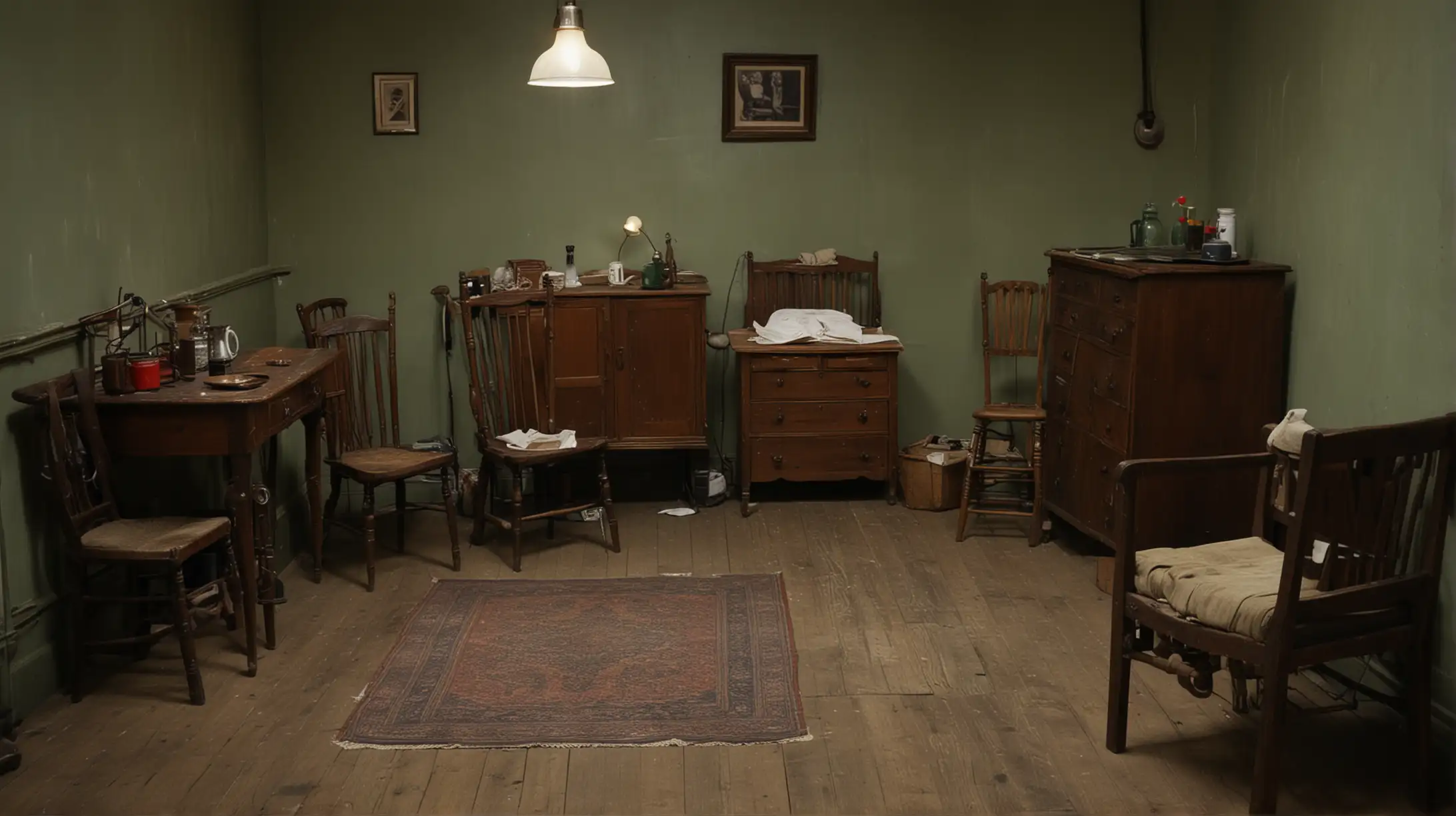 Interior of a 1920s British working-class home, viewed from the front. The room has no windows and bare walls with nothing hanging on them. The furniture is simple and worn, reflecting the modest lifestyle of the era. Wooden floors, a small table with a couple of chairs, and a basic bed in the corner. Dim lighting from a single bulb hanging from the ceiling, creating a slightly dark but still visible atmosphere. The mood should be modest and somewhat somber, capturing the essence of a humble, working-class home from the 1920s in the UK.