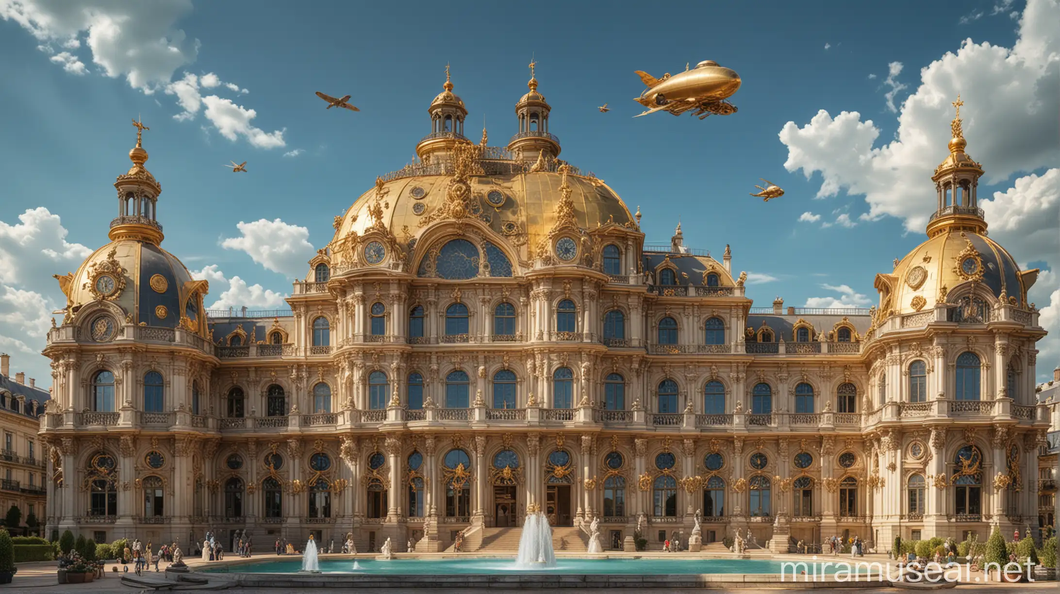 A gigantic French Baroque Palace with astrological details on the gold roof, colossal gardens with fountains, a baroque city and steampunk zeppelins in the blue sky
