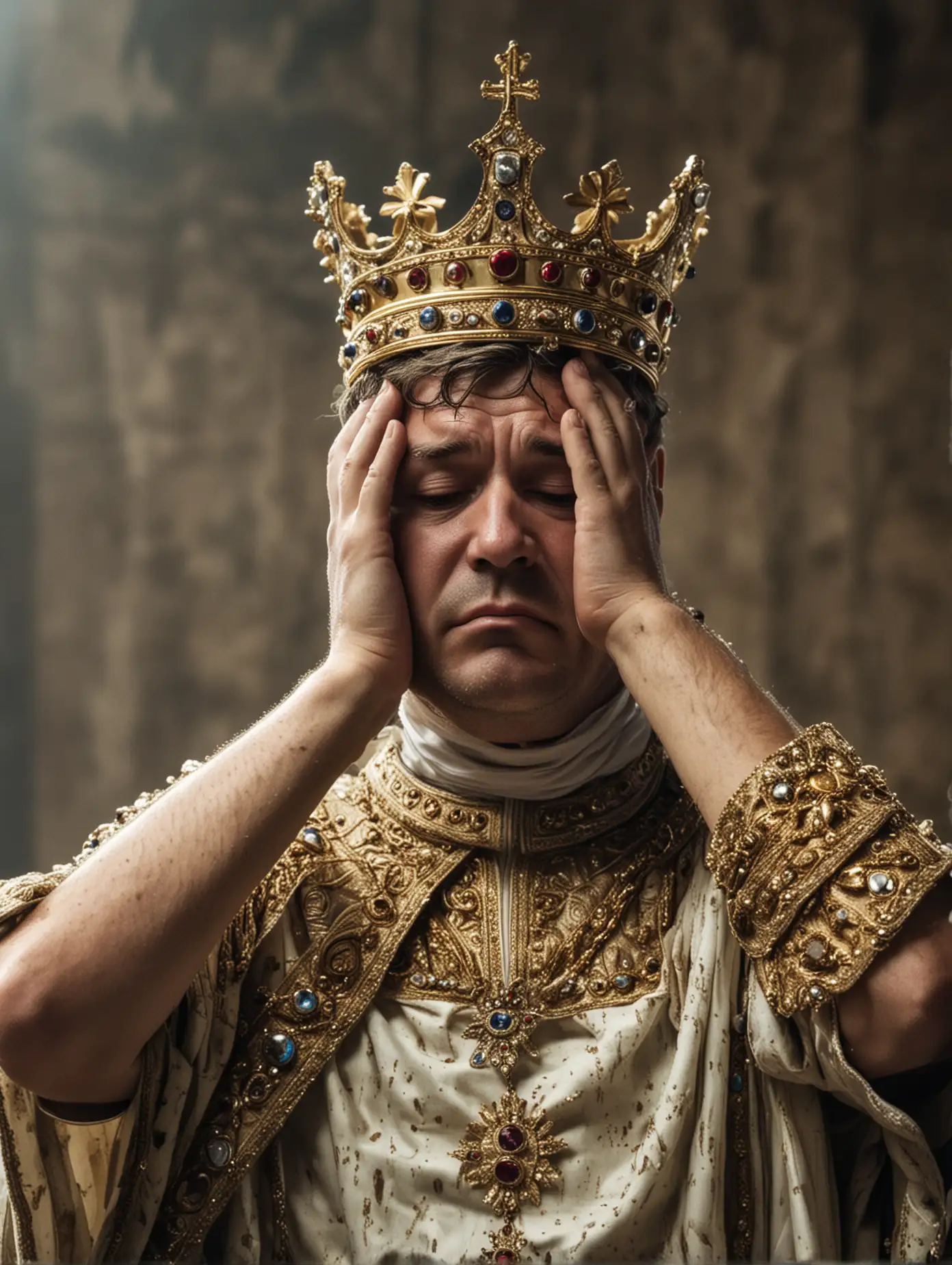 Desperate King Clutching His Head in Grief and Regret