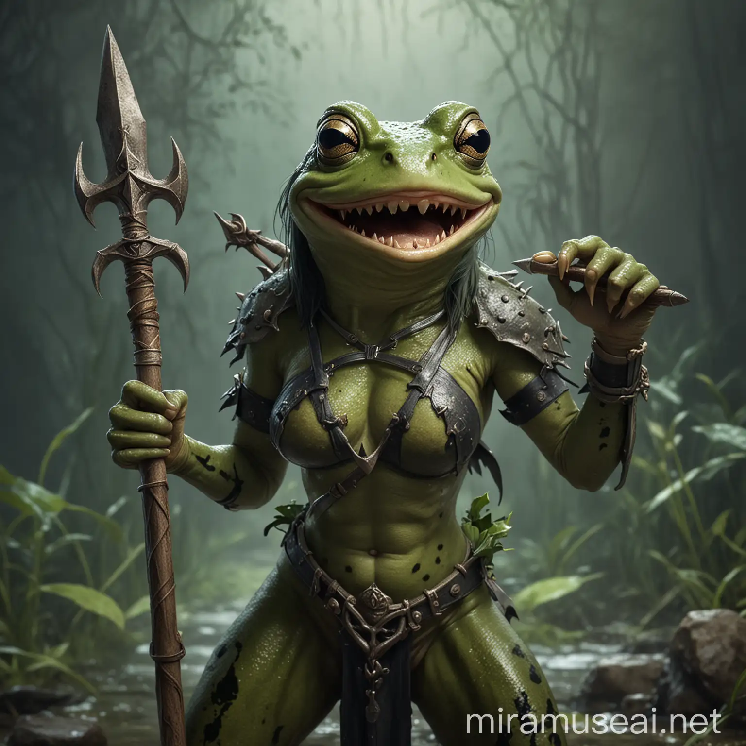 strong female frog with fangs and claws holding a trident