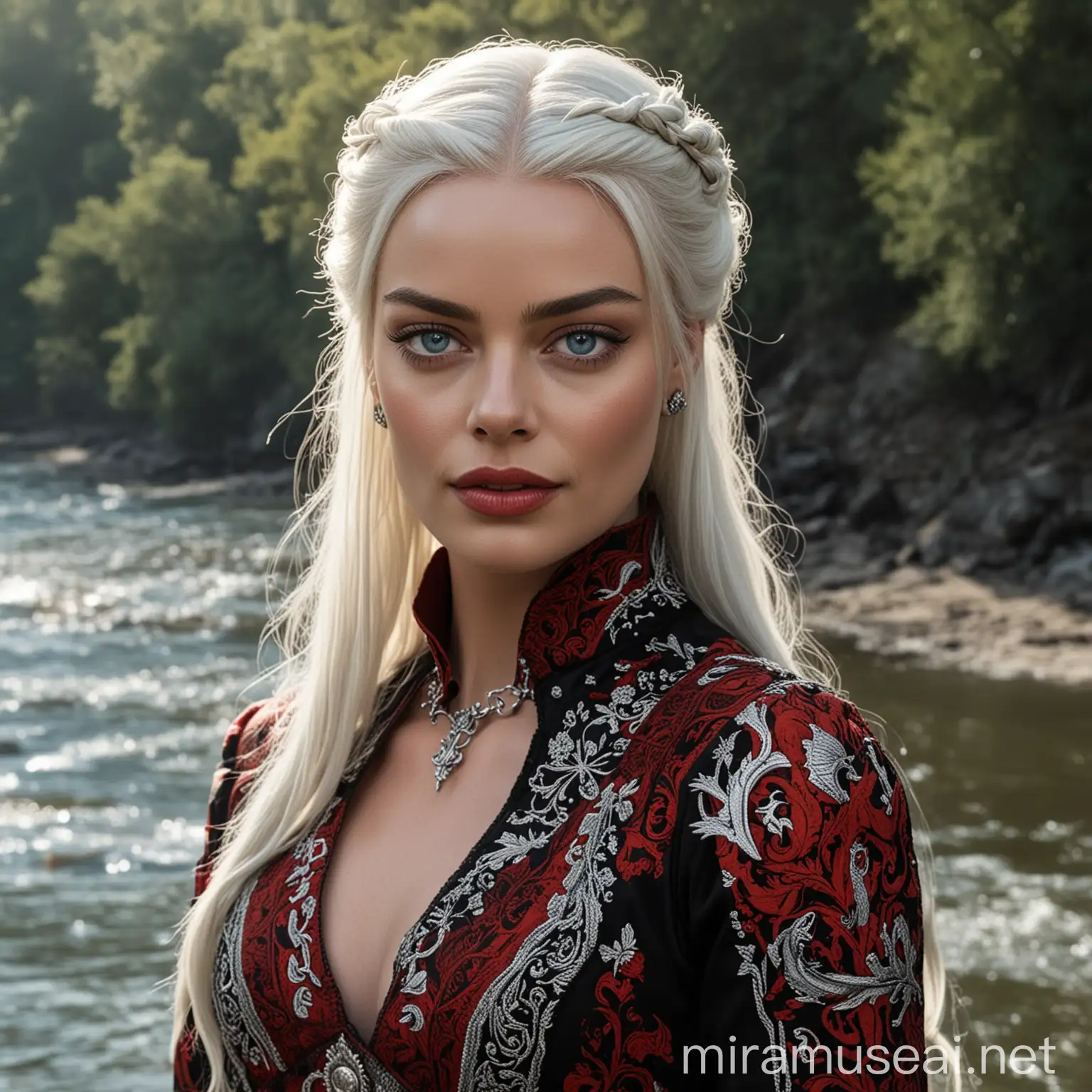 Margot Robbie en tant que princesse de la Maison Targaryen de l'Ancienne Valyria aux yeux clairs avec de longs cheveux blancs-argentés détachés, portant une longue robe noire et rouge typiquement Targaryen, se tenant devant une rivière ensoleillée
