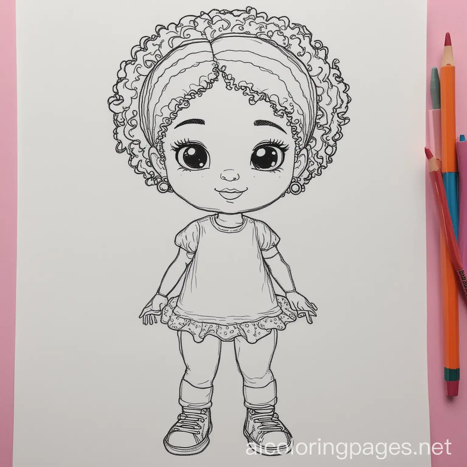 little black girls, Coloring Page, black and white, line art, white background, Simplicity, Ample White Space. The background of the coloring page is plain white to make it easy for young children to color within the lines. The outlines of all the subjects are easy to distinguish, making it simple for kids to color without too much difficulty