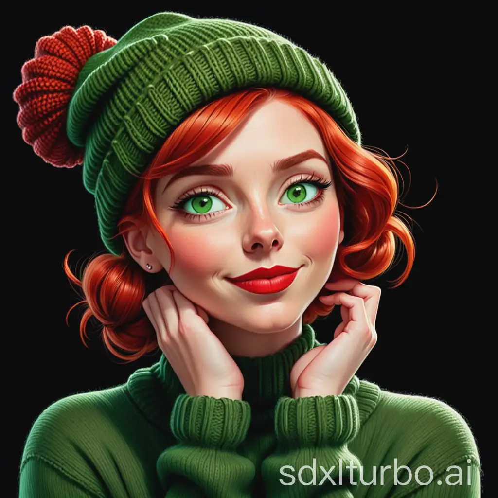 Illustration cartoon of a woman with green eyes and red lipstick, shown from the shoulders up. She has bright red hair styled in a low bun and is wearing a knitted brown hat and green top. Her expression is confident with a hint of a smile, and her hand is thoughtfully touching her chin. The background is black