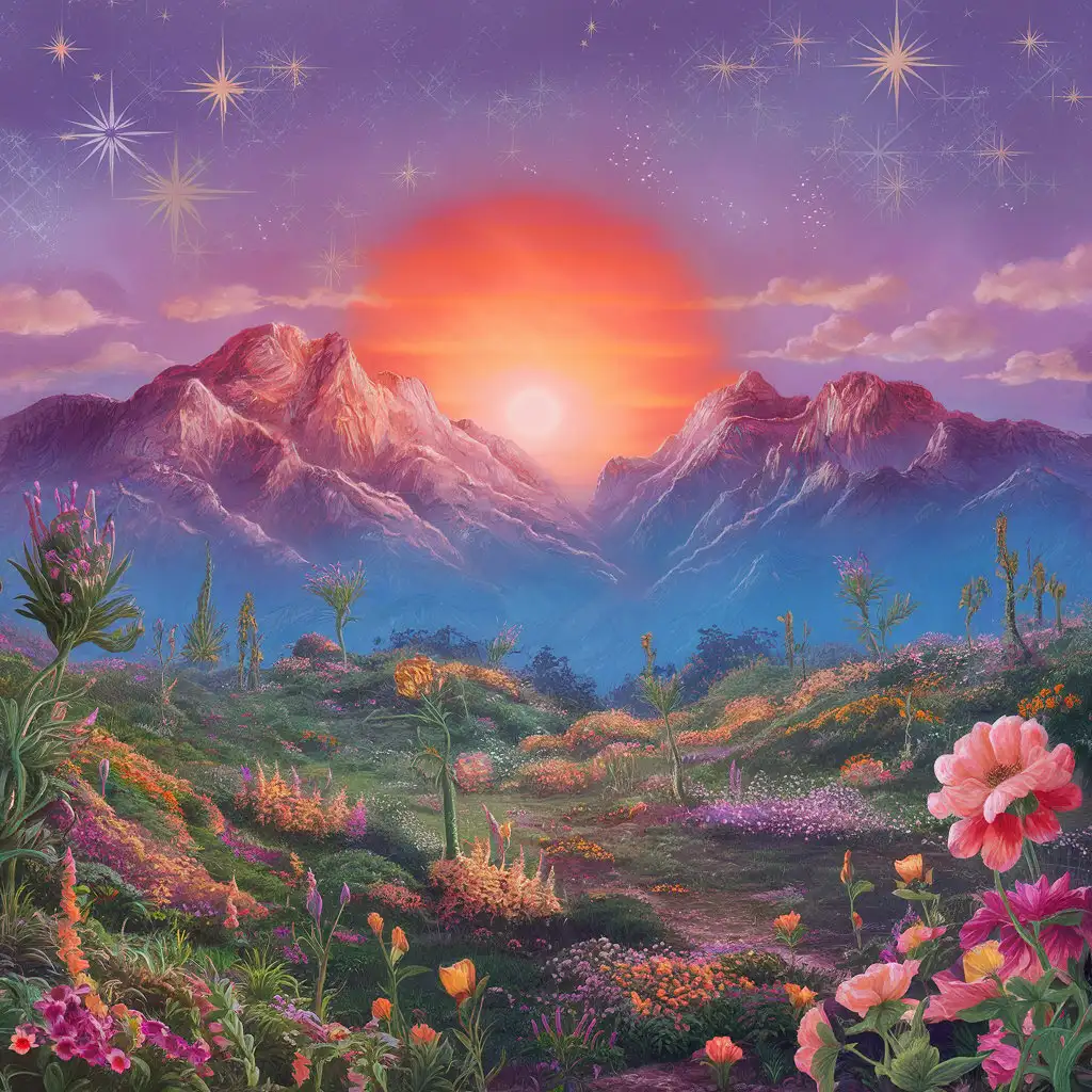 яркий розовый восход, цветы, горы, звёзды