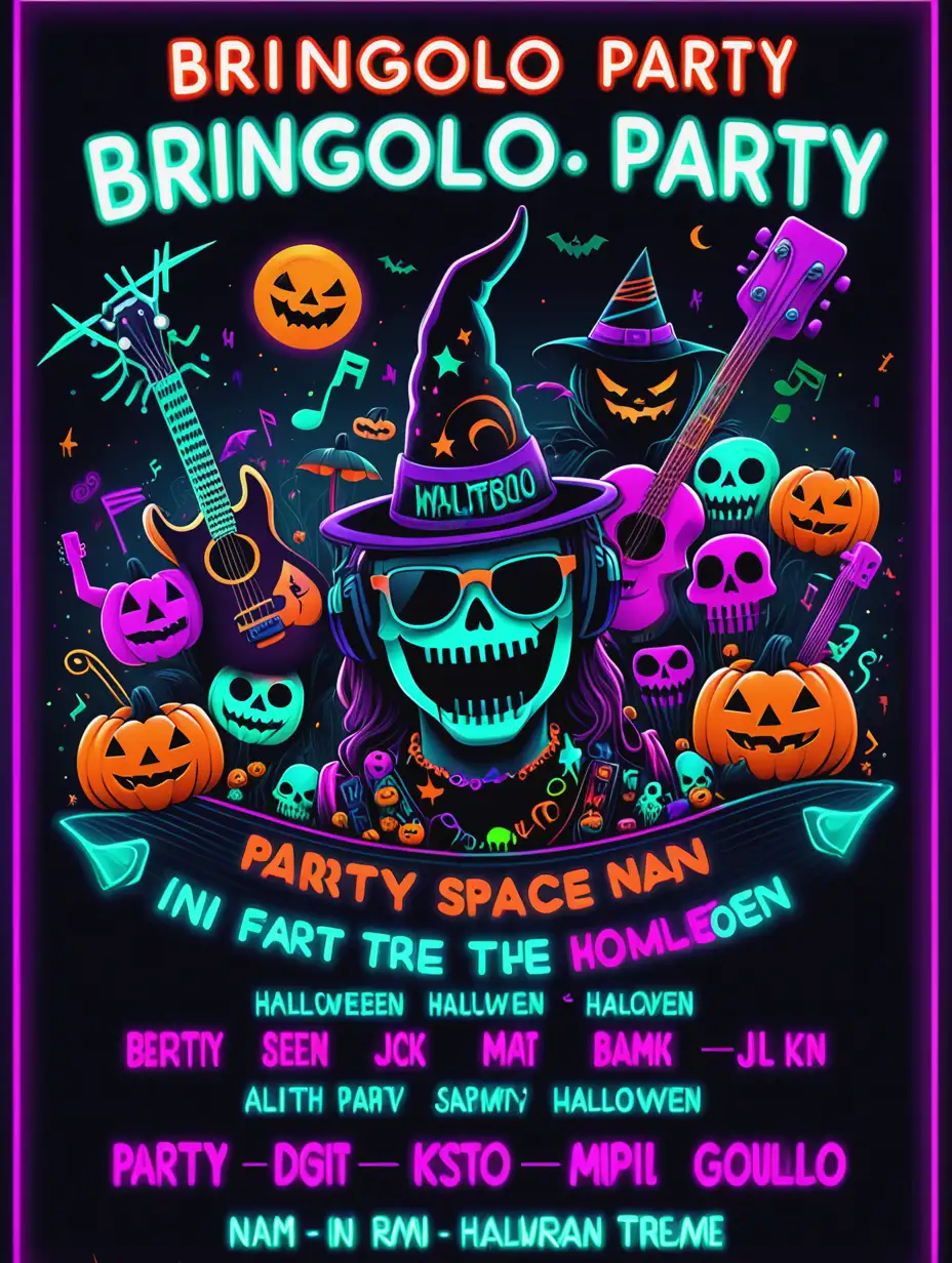 a funny poster for music festival named : BRINGOLO PARTY, in neon halloween theme.
leave space at the bottom of the poster for the groups names