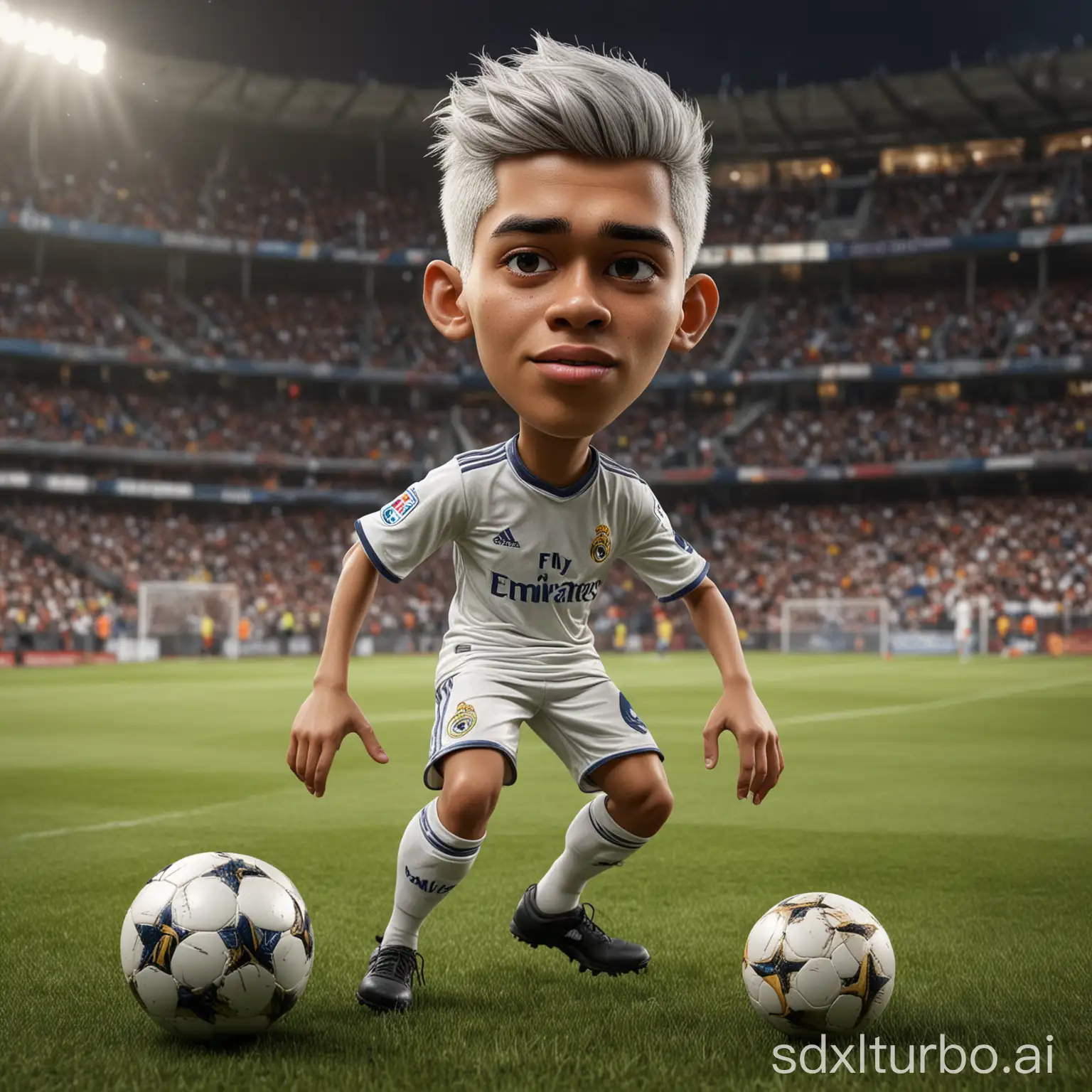 Create a caricature 4D hyperrealistic full body with a big head. an 18 year old Indonesian boy. Messy silver hair, oval face, serious face. Kicking the ball in the field of a magnificent football stadium. Wearing a Real Madrid club jersey. Background of the goal being ready. Use natural lighting. Sharp image quality, HD, UHD, 4D Render,Bird eye lens.
