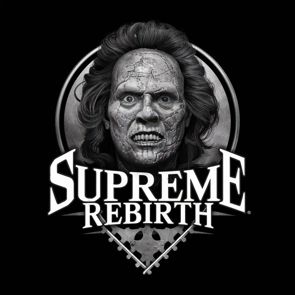 a logo design,with the text "Supreme Rebirth", main symbol:Leatherface with black background,complex,clear background