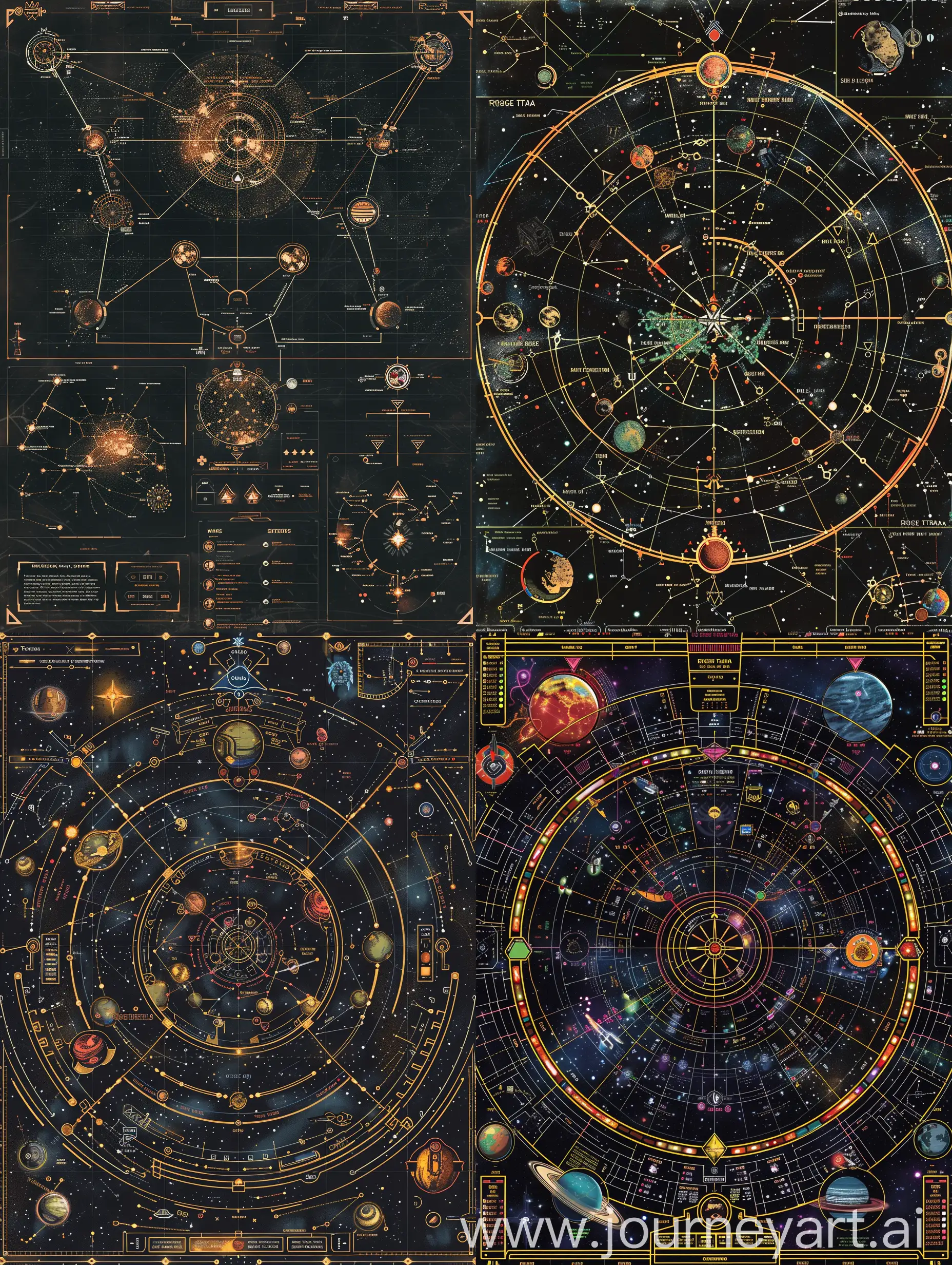 Тактическая карта для настольной ролевой игры в стиле Warhammer 40000: Rogue Trade, карта звездной системы, разделенние на разные сектора, с множеством планет, звездными путями, варп-маршрутами, стиль навигаторского  интерфейса, вид сверху.