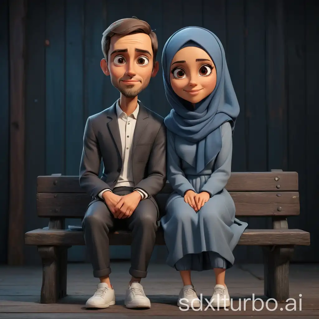 Create a realistic 3D cartoon style full body caricature with a big head. A young couple is sitting on an old black wooden bench. a woman hijab and man handsome The background is reddish blue. use soft photographic lighting.