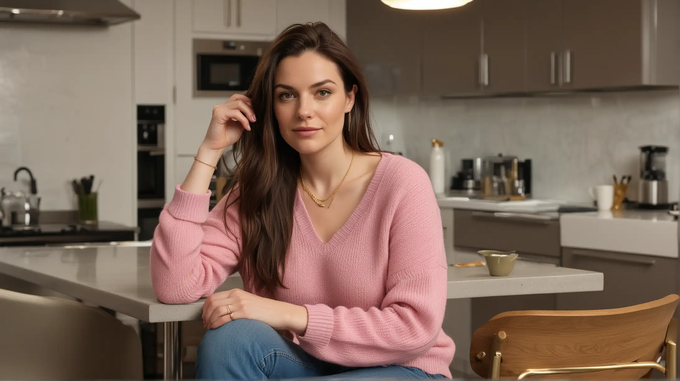 Closeup of 30 year old pale white woman with long dark brown hair, parted to the right, wearing a pink sweater, blue jeans and a gold necklace, sitting down on a kitchen chair in a modern kitchen with a cup of tea. It is a modern high rise urban apartment background at night