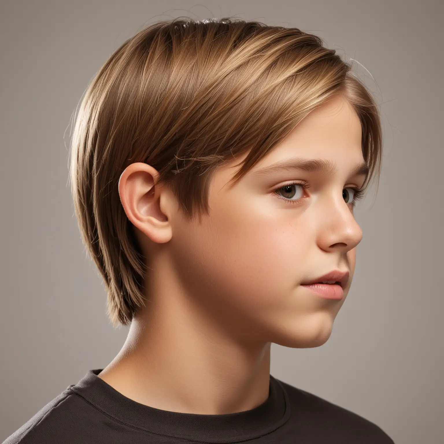 Hyper realistic photo of thirteen year old boy,  smooth neatly combed, straight, flat, shiny shoulder length, light brown hair with highlights, parted on side, overhead, profile view