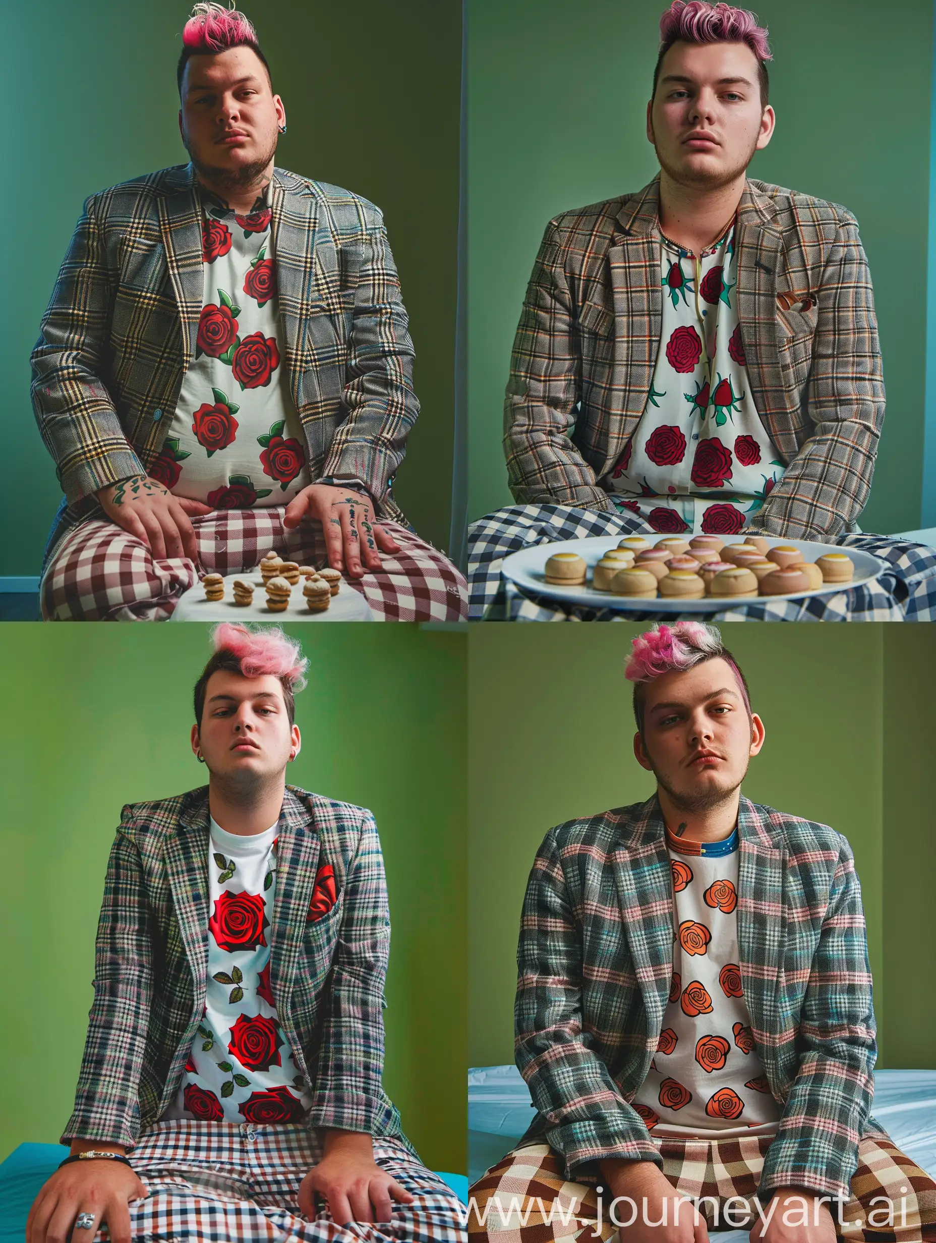 Fashionable-Man-in-Checked-Blazer-with-Rose-Patterns-and-Pink-Hair