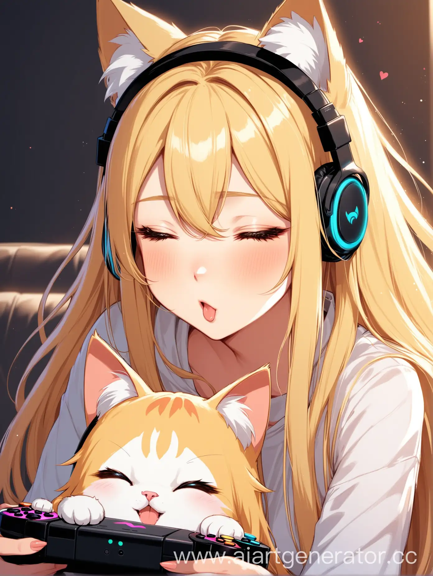 Blonde-Woman-in-Cat-Ear-Headphones-Kissing-Partner-While-Playing-Video-Games