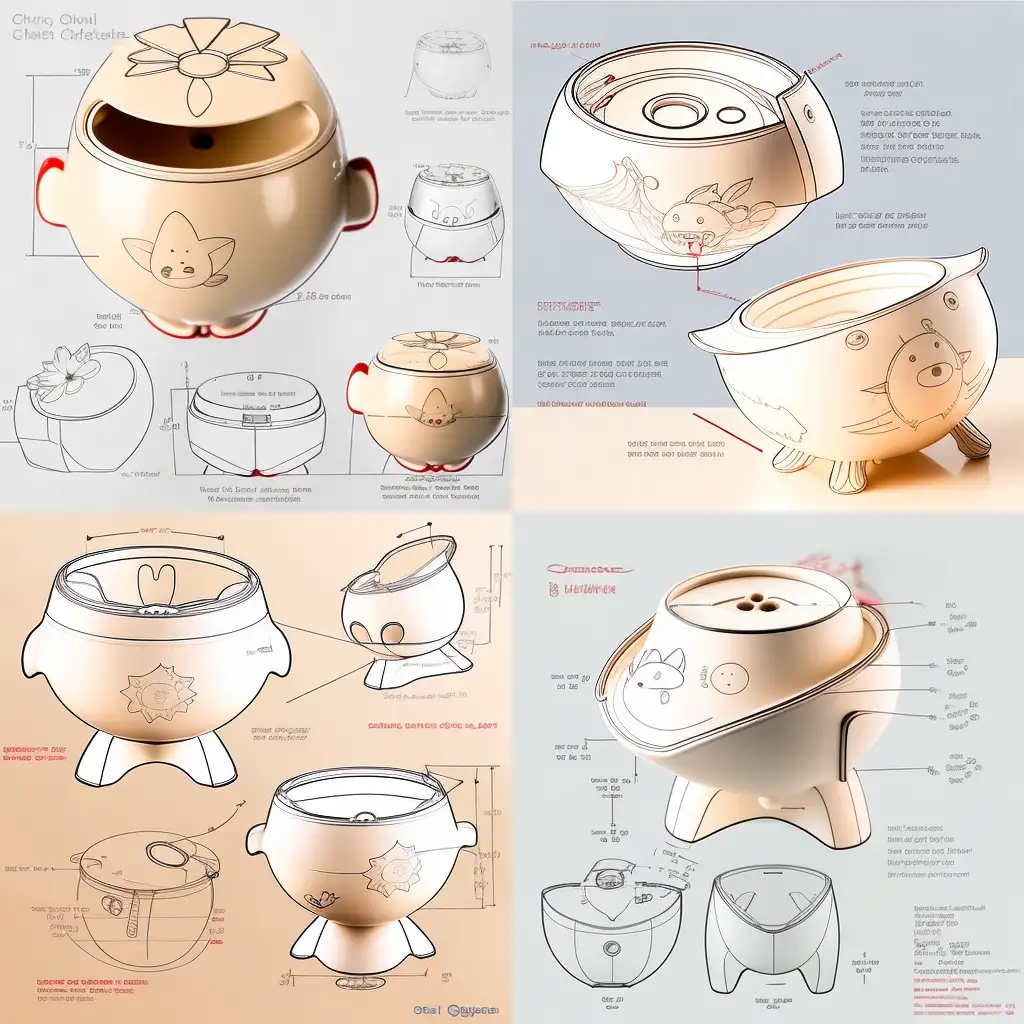 Product design, children's waterflood bowl design, small and cute portable, design sketch scheme, hand-drawn sketch, line draft, drawing reference, product design sketch, white background, front view, side view, rear view, drawings from different angles, each scheme should present modeling source and intention, detailed drawing, explosion diagram, use scene diagram, human-computer interaction diagram, no color
Solar panels and water insulation bowl combined, solar panels are not too obvious, absorb solar energy, auxiliary insulation cute and round, easy to carry