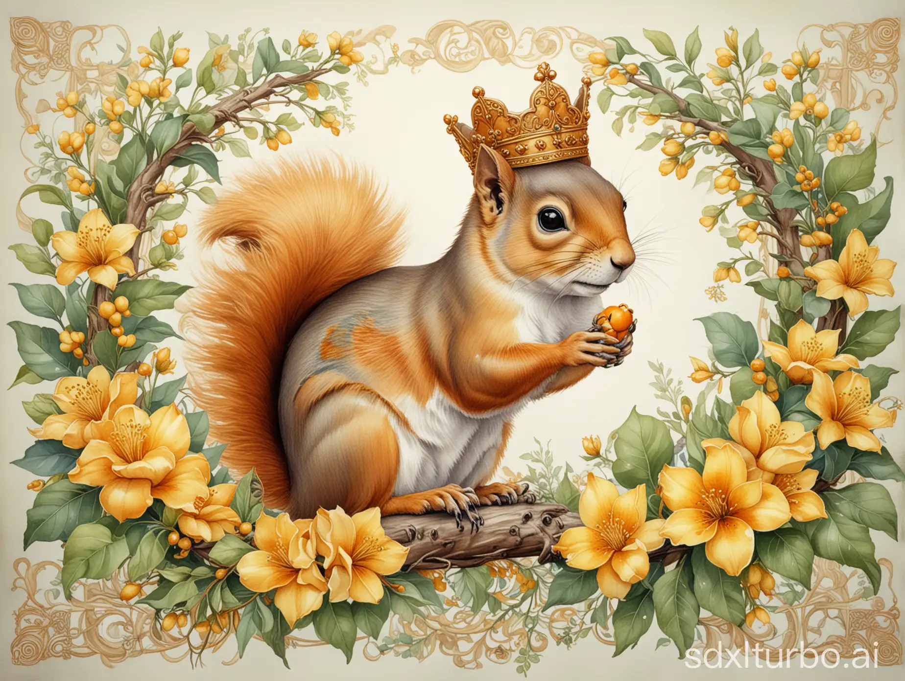 A squirrel crowned with a golden crown sits on a branch, the branch has green leaves and yellow-orange blossoms, highly and delicately detailed drawing, intricate watercolor, art nouveau borders