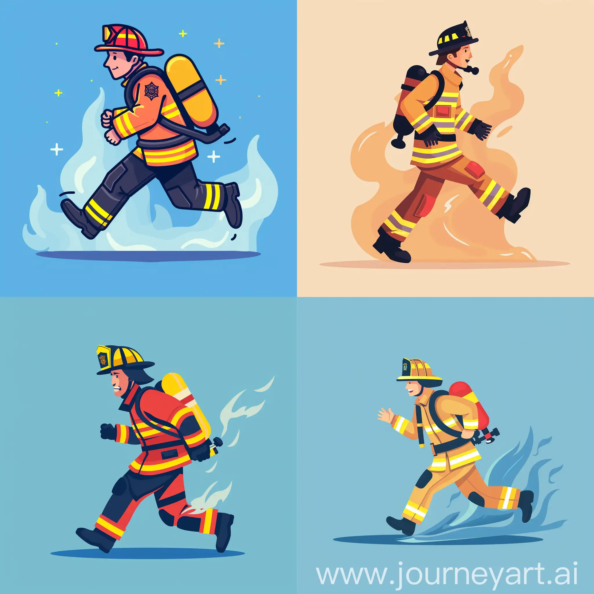 一个消防员在奔跑，扁平插画风格，简约