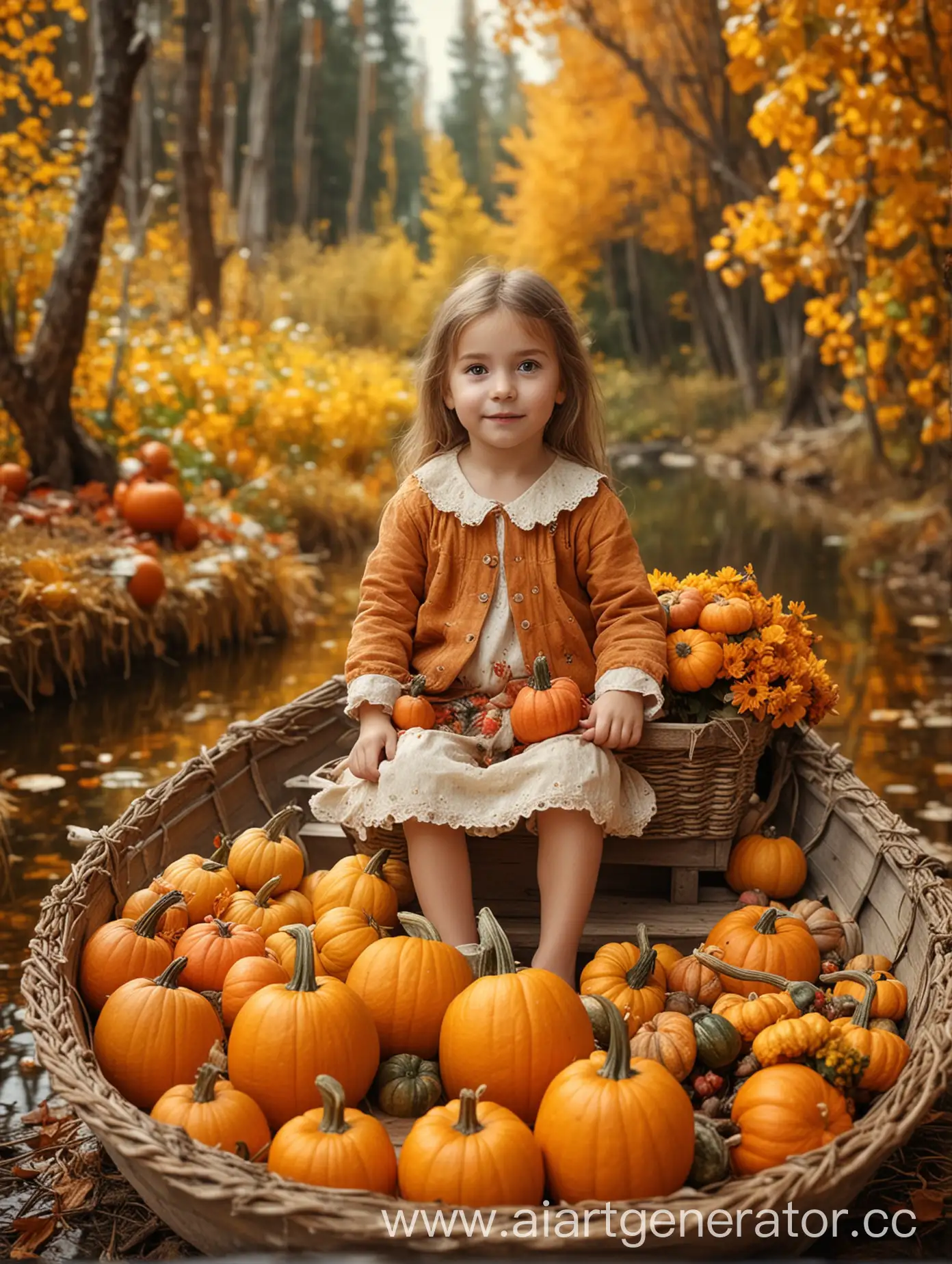 Маленькая девочка сидит в лодке, в лодке цветы в корзинке, в лодке тыква, на фоне осенний лес, фон размыт, очень реалистично