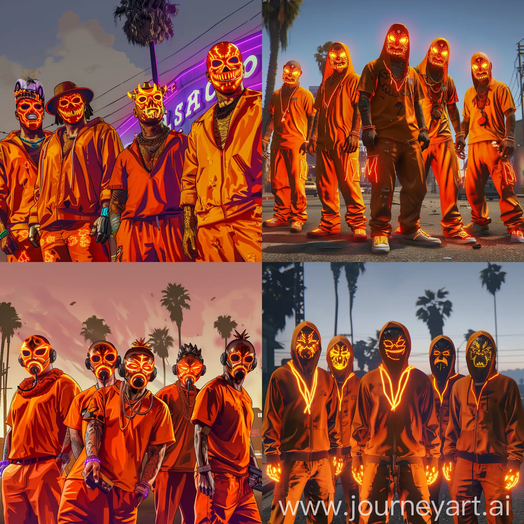 five characters from GTA 5 in orange clothes, all in a neon glowing mask carnival doomsday orange, against the background of Los Santos GTA 5