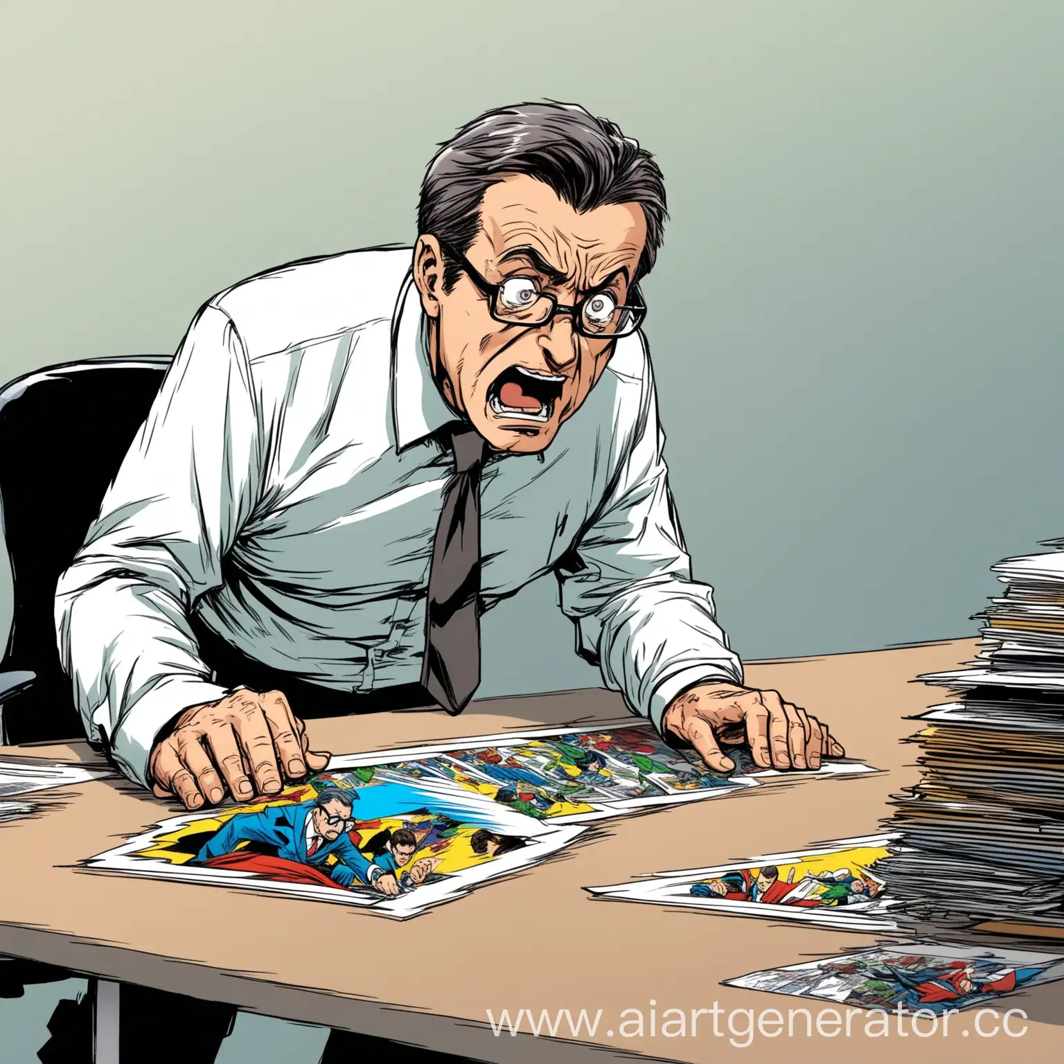 a man in an office with middle-aged glasses is pestering from a chair, with his hands on the table, dissatisfied, in office clothes, in the style of a colored comic book. without artifacts, with elaboration