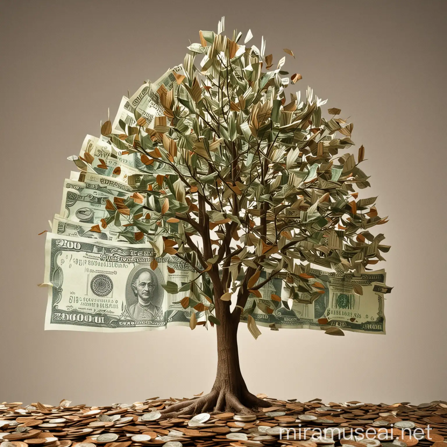 Create a image of tree putting 2000 note of India currency in the place of leaves.