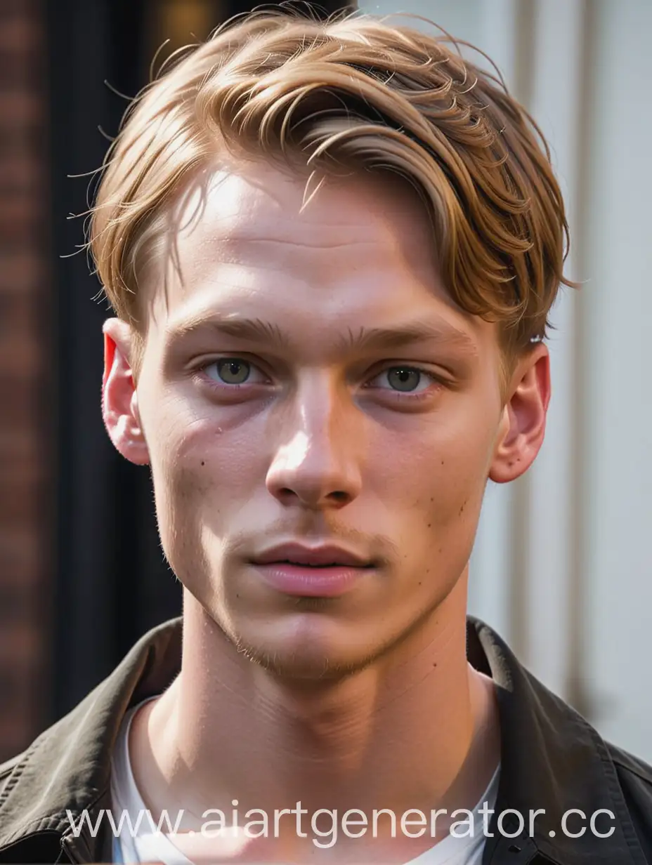 Will Tudor, as if he grew up in the slums, at the age of 20 with a scar on the right side of his face passing through his eye, with medium-length ashen hair