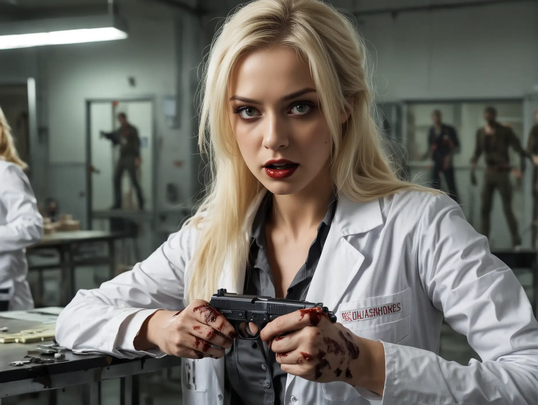 A blonde woman in spy clothes kills zombies in a medical laboratory