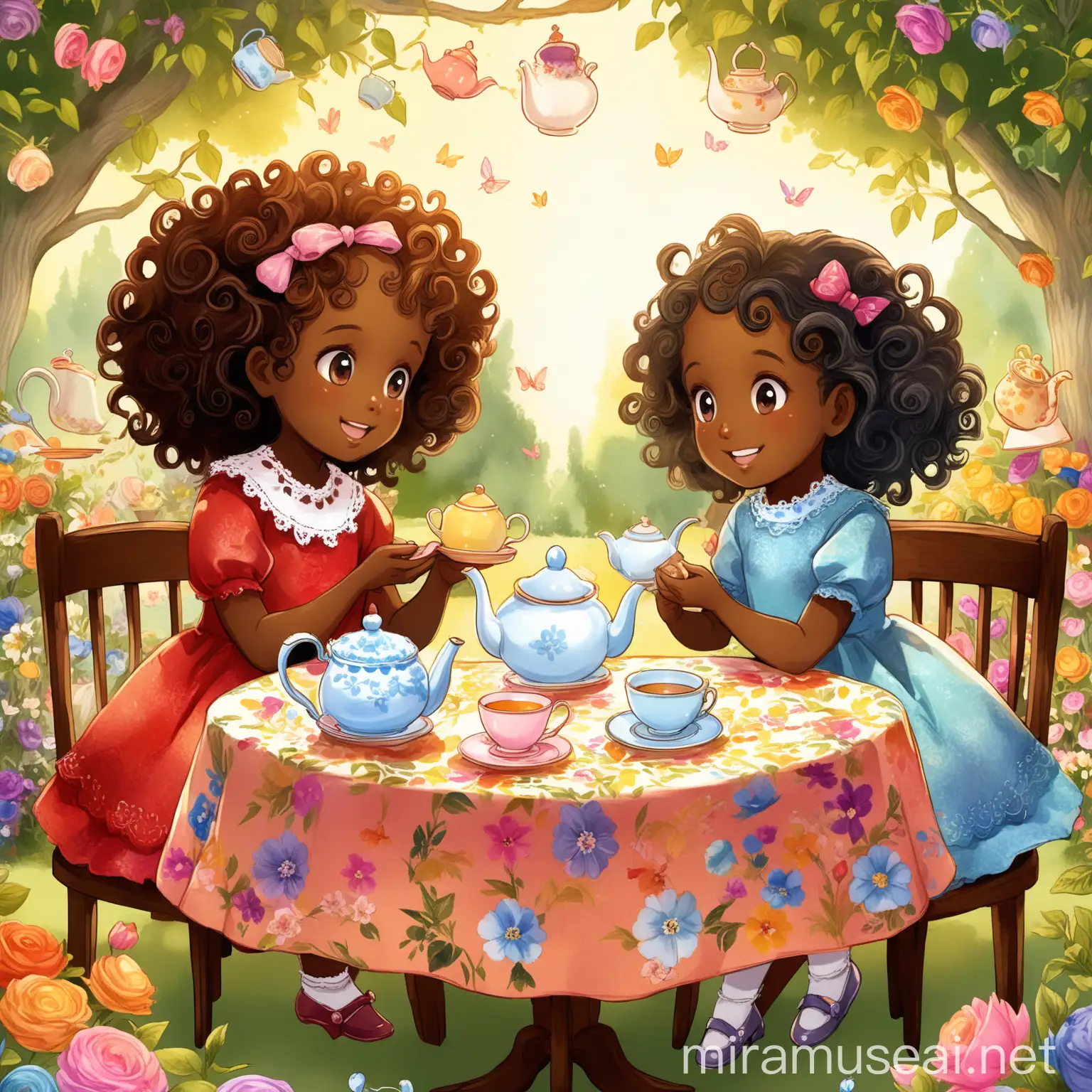 Illustration of two little black girls having a tea party in a blooming garden, sitting at a small wooden table covered with a floral tablecloth, surrounded by colorful teacups, saucers, and a teapot, with a serene atmosphere, cozy, whimsical, warm lighting, low angle, playful, vibrant, beautiful dresses, curly hair, joyful expressions, children's book