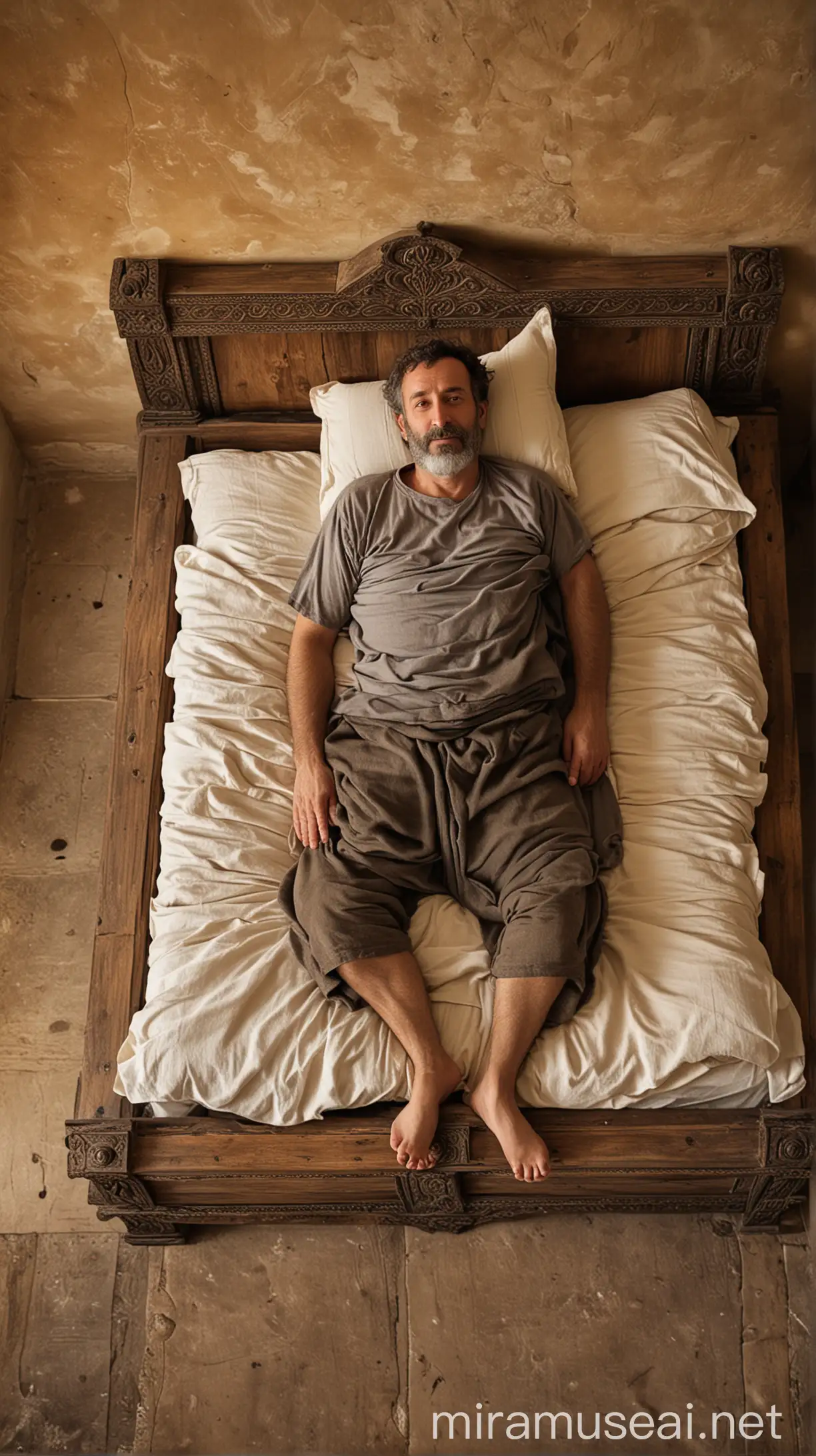 Elderly Jewish Man Resting on Antique Bed in Ancient Setting
