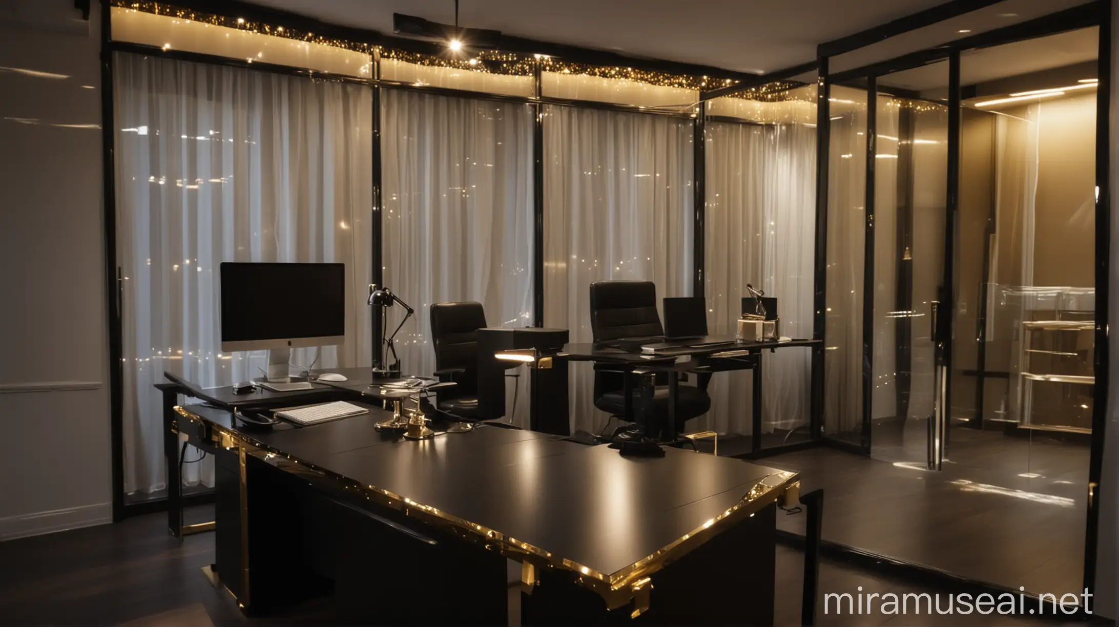 Luxurious Black and Gold Office Room with White LED Lighting