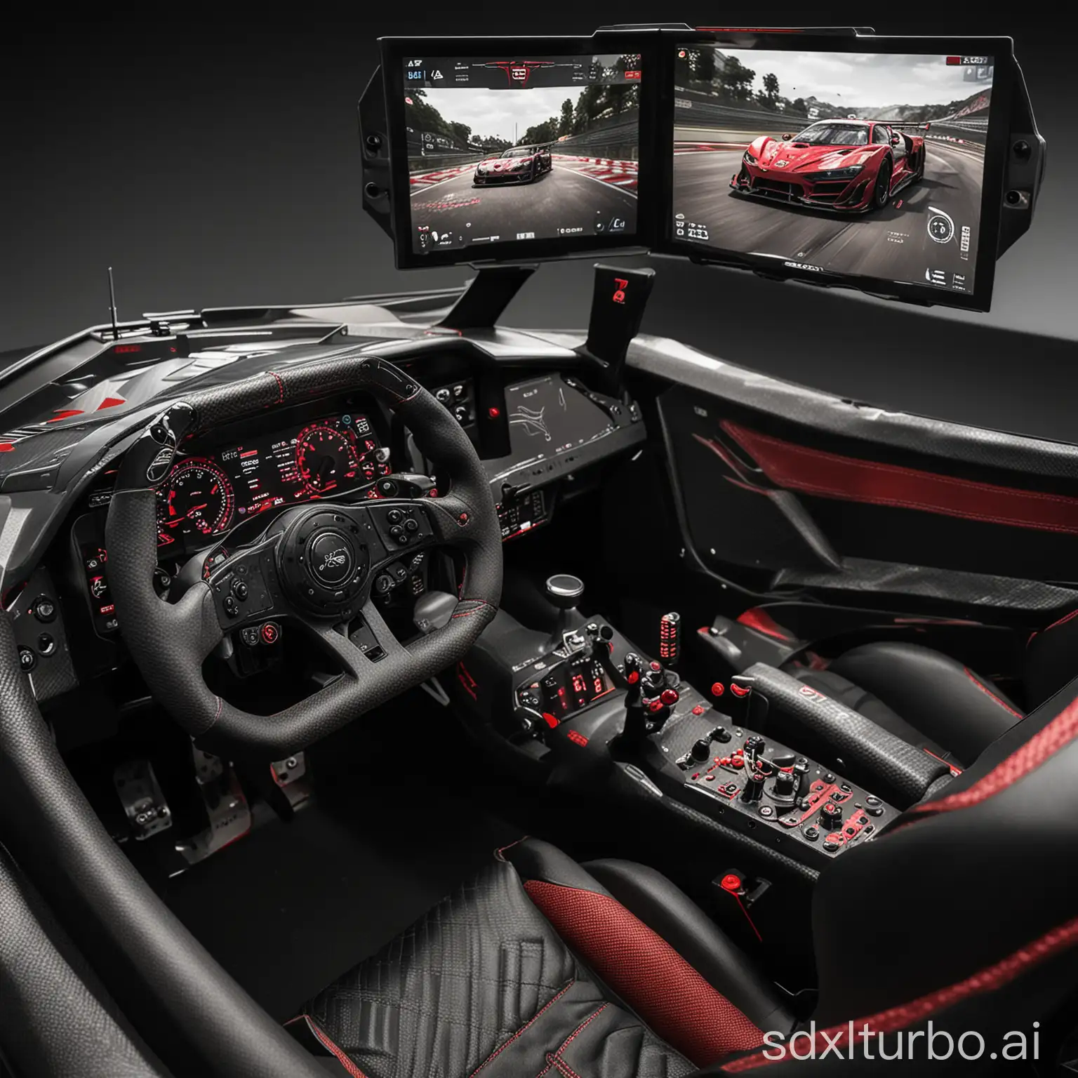 A close-up of a sim racing cockpit with carbon fiber accents and a steering wheel with a red stitching. The cockpit is positioned in front of a large screen displaying a racing game.