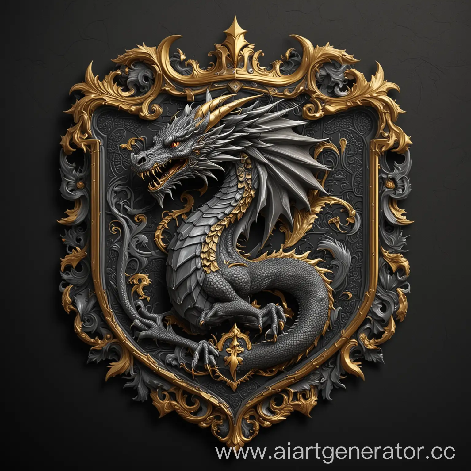 Придумай герб на черном фоне с серым драконом с золотой обводкой по краям