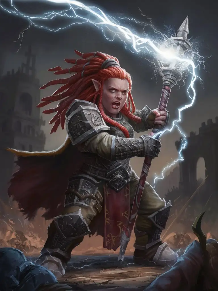 Female dwarf, red hair, dreadlocks, sorcerer, lightning magic, tough