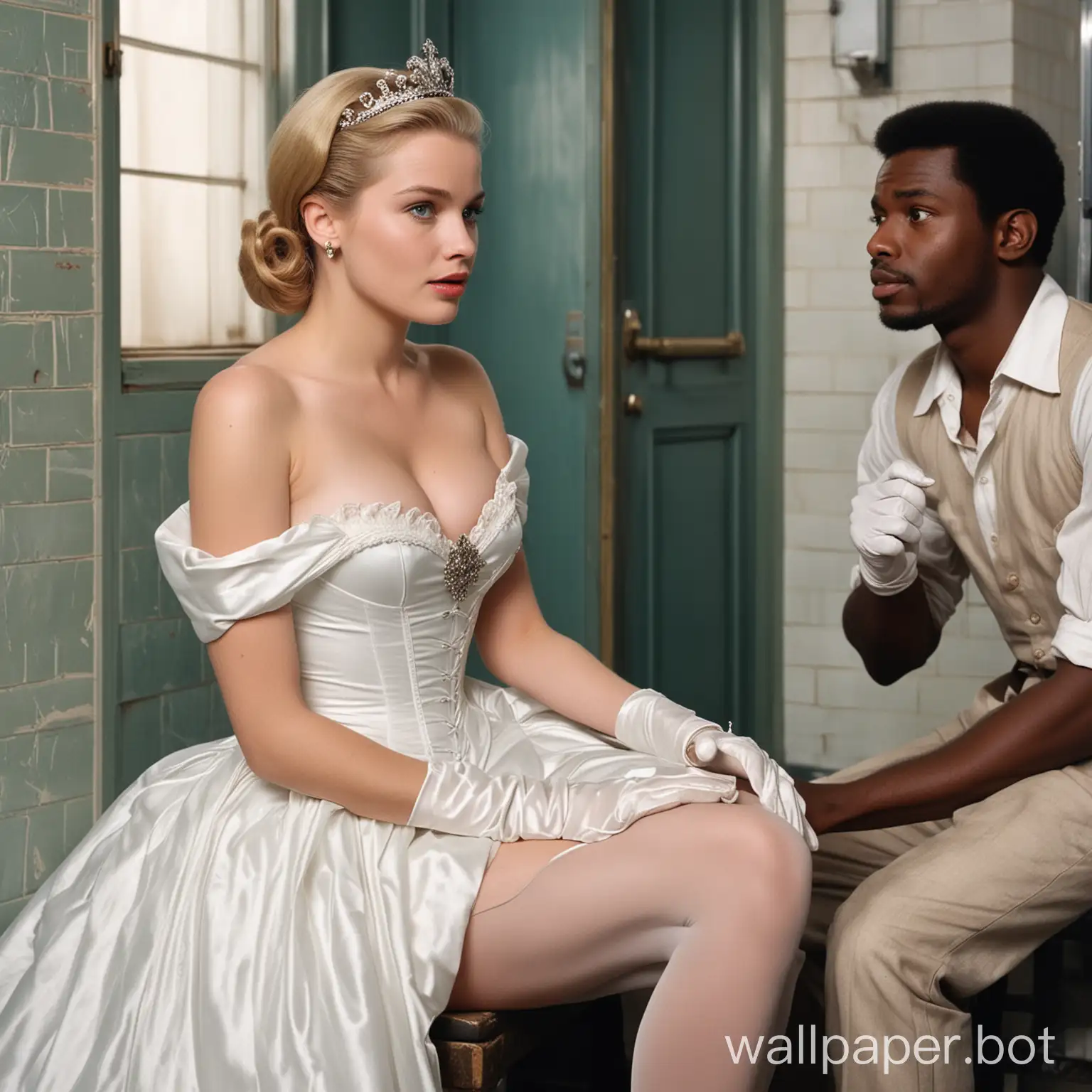 In men's public toilet white beautiful blue-eyed blonde slim young actress Grace Kelly in crown on her knees in white silk off-shoulder sleeveless dress, white silk push-up corset, white silk opera length gloves. white Queen Grace Kelly in crown beg on her knees in front of standed two black afro male dirty hobos tramps with their pants down. Queen's mouth open extra wide. view from above. disgust on her face