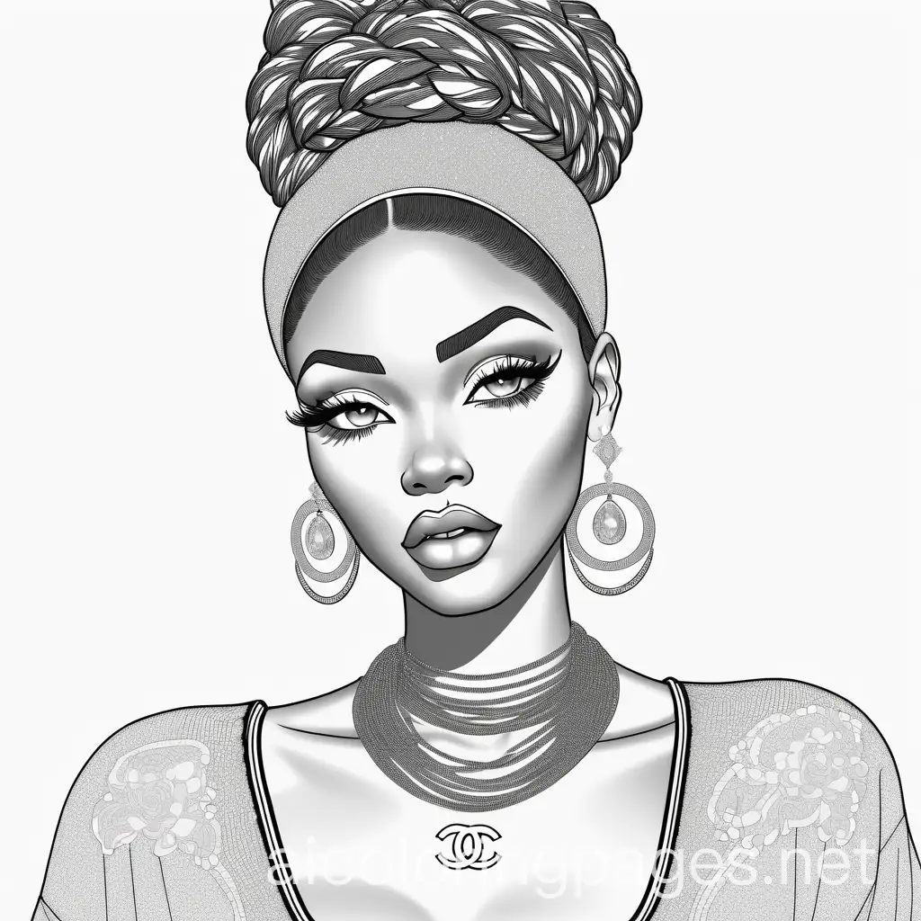 hyper realistic image of african american betty boops with huge eyes, sleek straight lace wig with baby hairs, glamorous makeup with glitter, distressed denim shorts,  chanel long sleeve shirt, long exaggerated eyelashes, diamond chain and rings, posing for a picture, Coloring Page, black and white, line art, white background, Simplicity, Ample White Space. The background of the coloring page is plain white to make it easy for young children to color within the lines. The outlines of all the subjects are easy to distinguish, making it simple for kids to color without too much difficulty