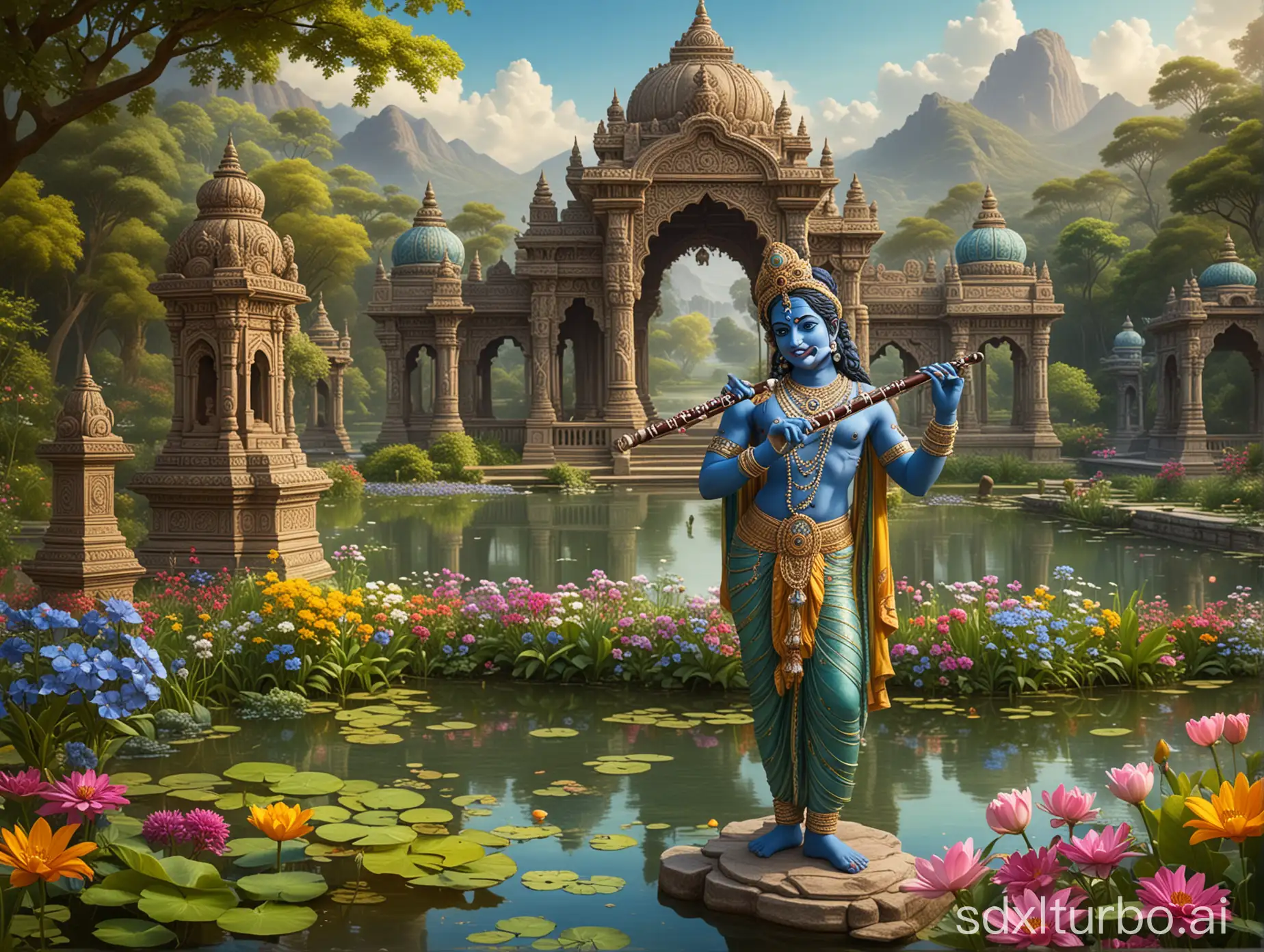 A blue-skinned Hindu deity, likely Krishna, playing a flute in a lush, fantastical landscape with ornate architecture , colorful flowers , and a serene pond, background