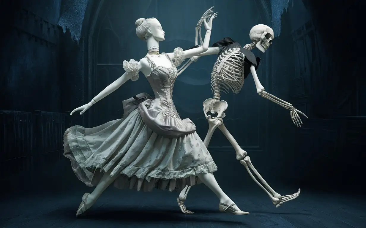 Draw an artist model mannequin dancing with a skeleton.
