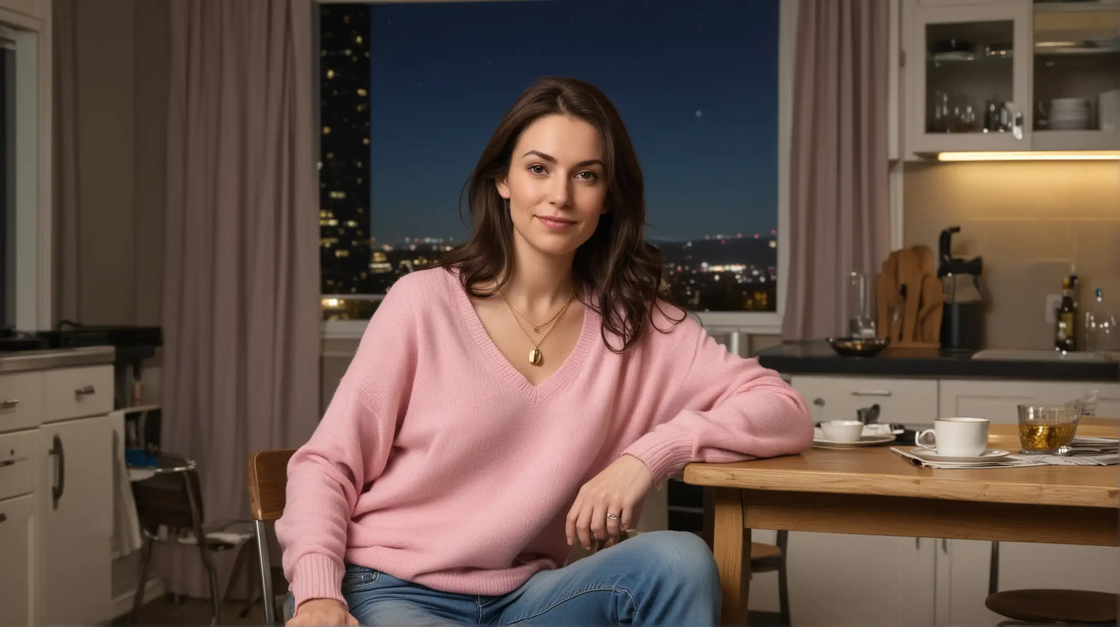 In a small kitchen at night, 33 year old pale relaxed white woman with long dark brown hair parted to the right sitting in a chair next to a empty table, wearing a pink sweater, blue jeans, and gold necklace. Generic night urban dense high rise background.