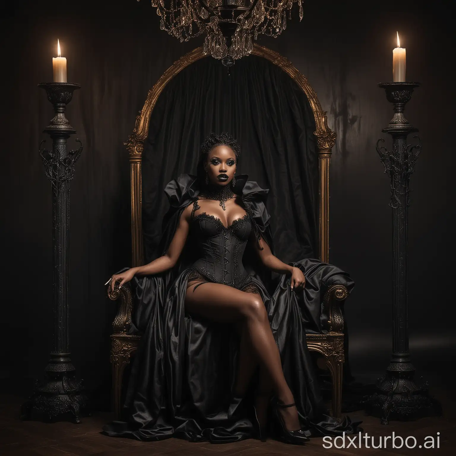 A captivating and dynamic photo of a powerful and majestic black woman, radiating an aura of authority and grace. She is dressed in corset and panties, with a cape adorned high collar that accentuates her strong presence. Her black makeup and high heels highlight her imposing demeanor, sitting on a black throne while on each side a sinister chandelier each with a lit black candle.